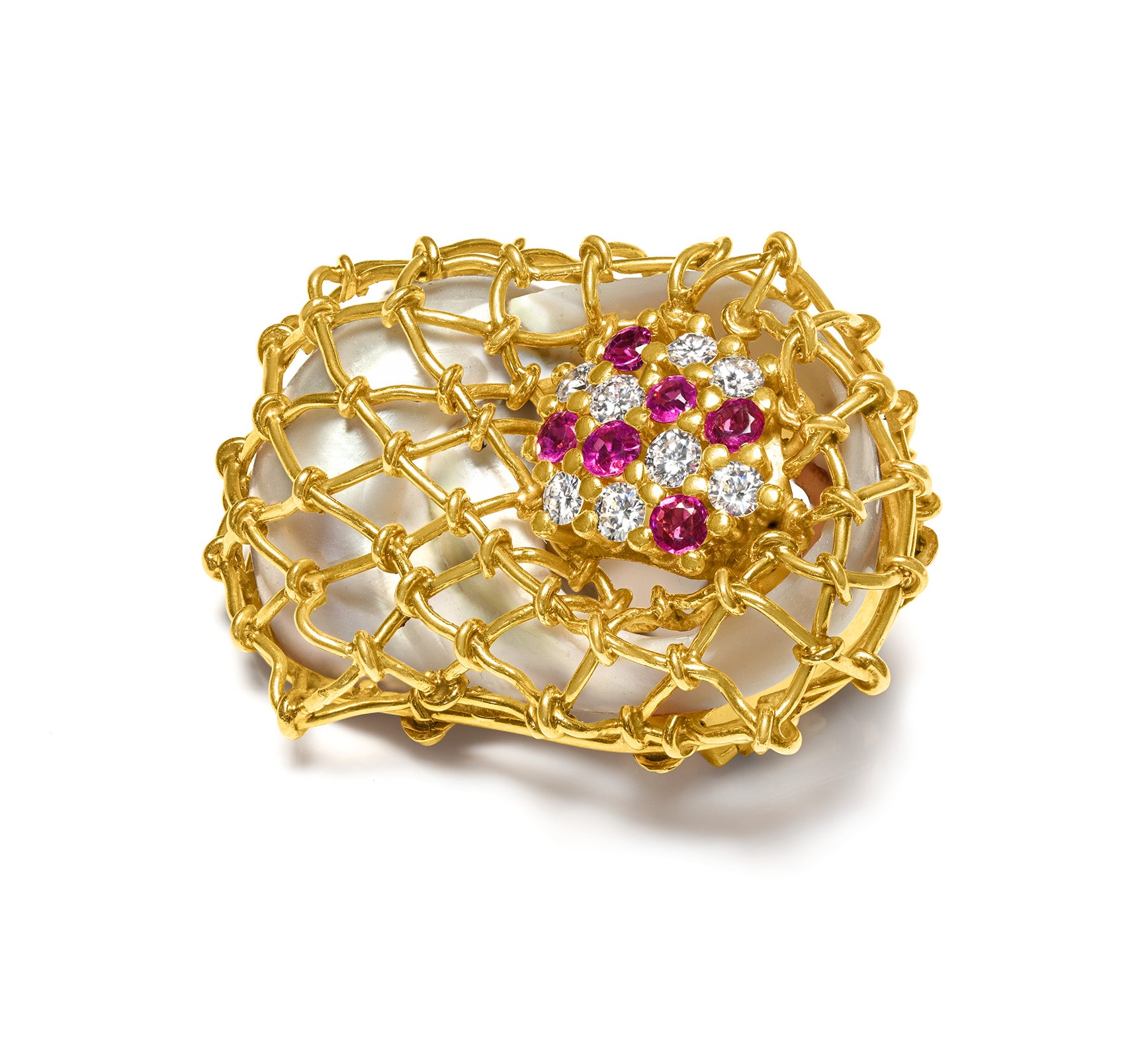 18K Gold Cage Brooch with Pearl, Rubies, and Diamonds verdura