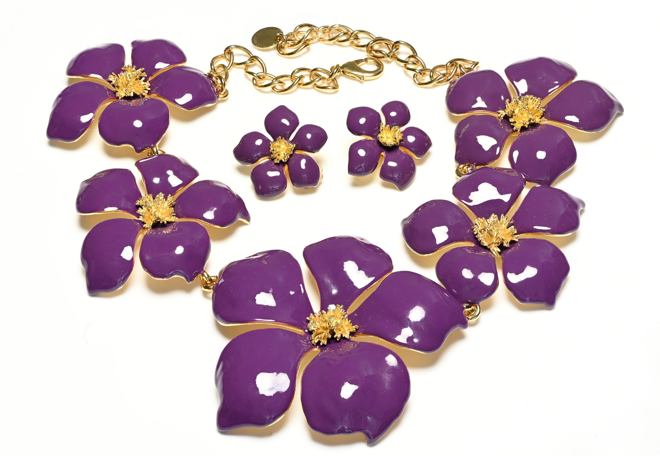 Carolina Herrera Purple Enamel Flower Earrings Necklace Set