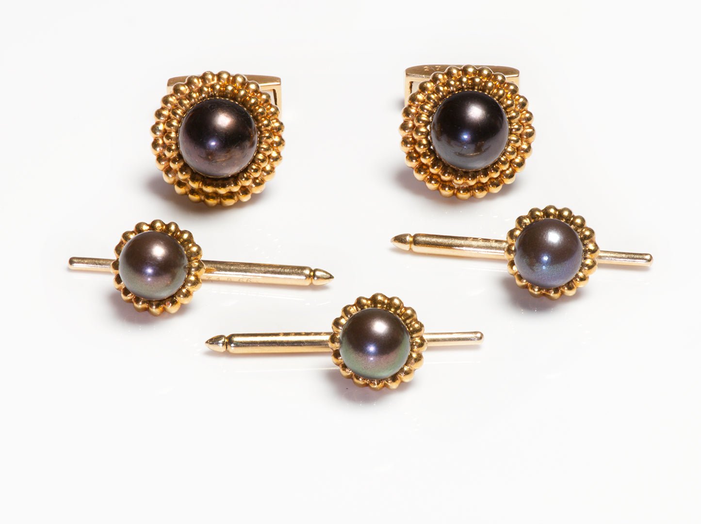 Cartier 18K Gold Black Pearl Cufflink Stud Set