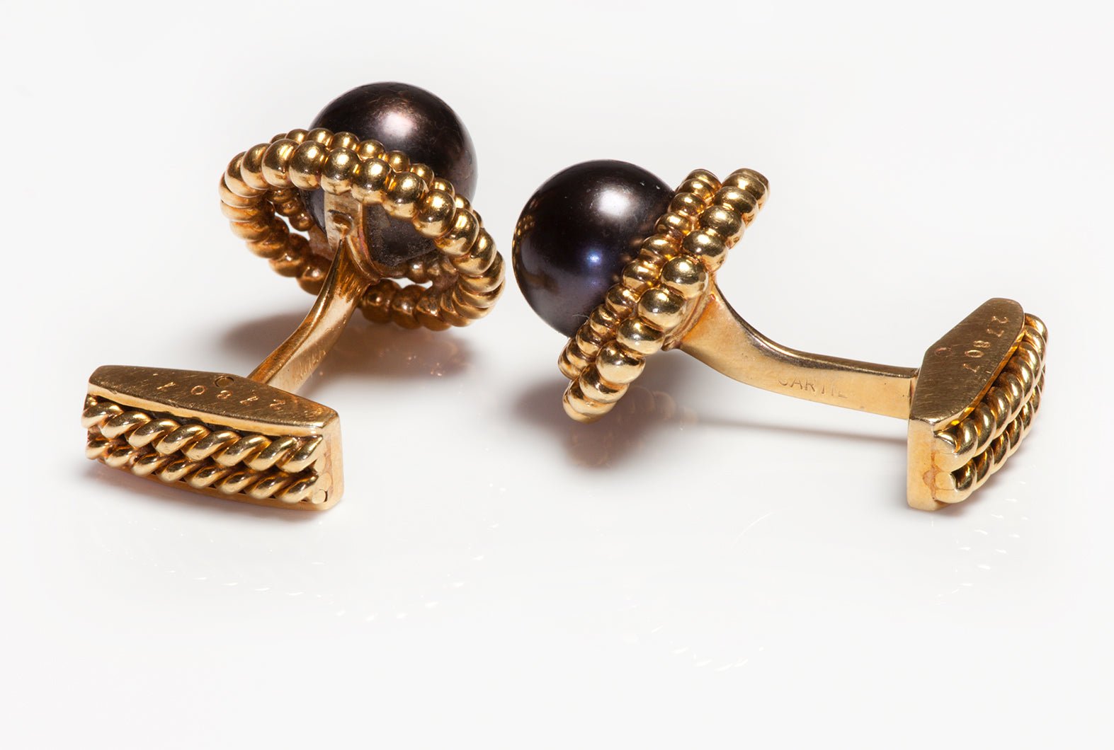 Cartier 18K Gold Black Pearl Cufflink Stud Set