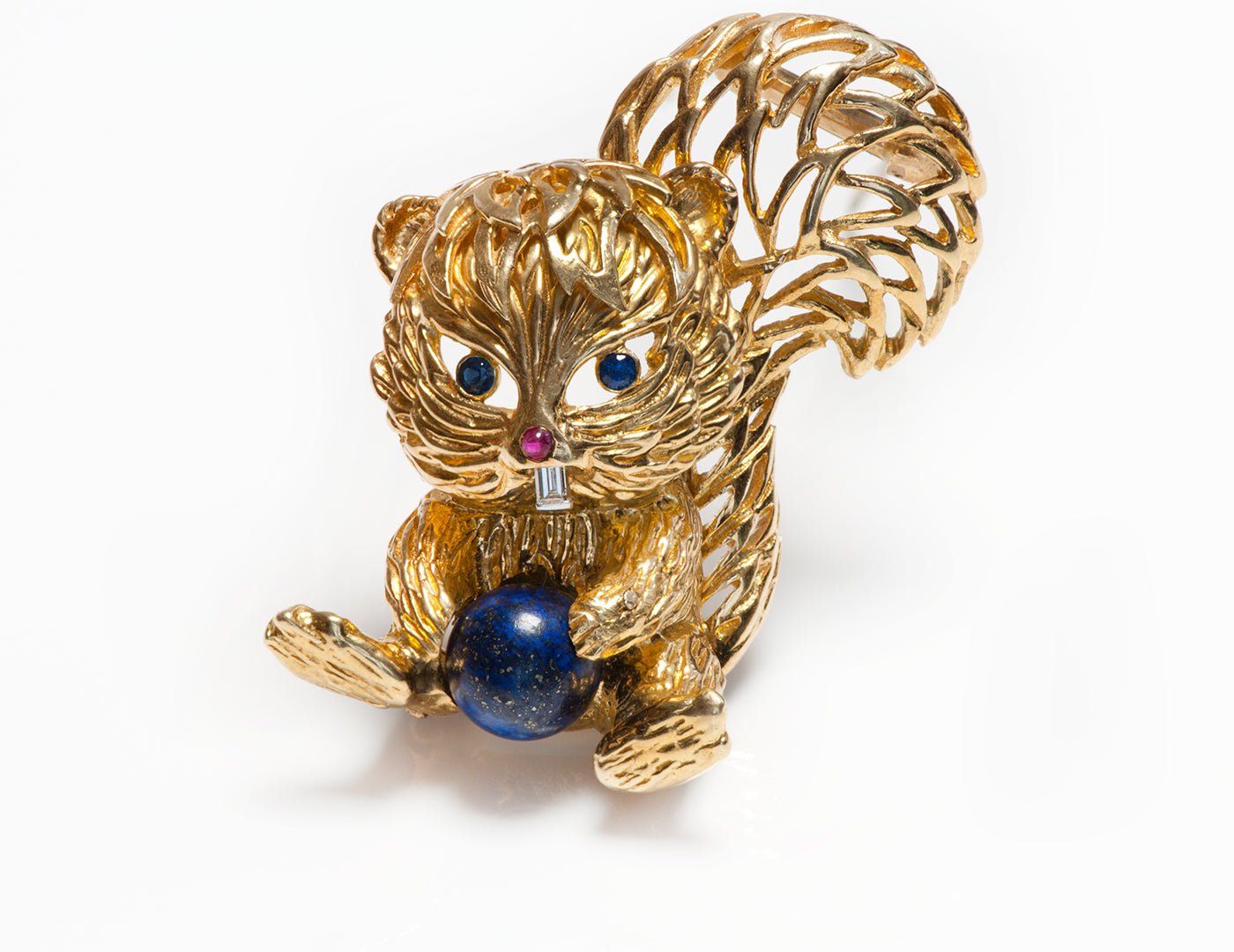 Cartier 18K Gold Gemstone Diamond Lapis Squirrel Brooch