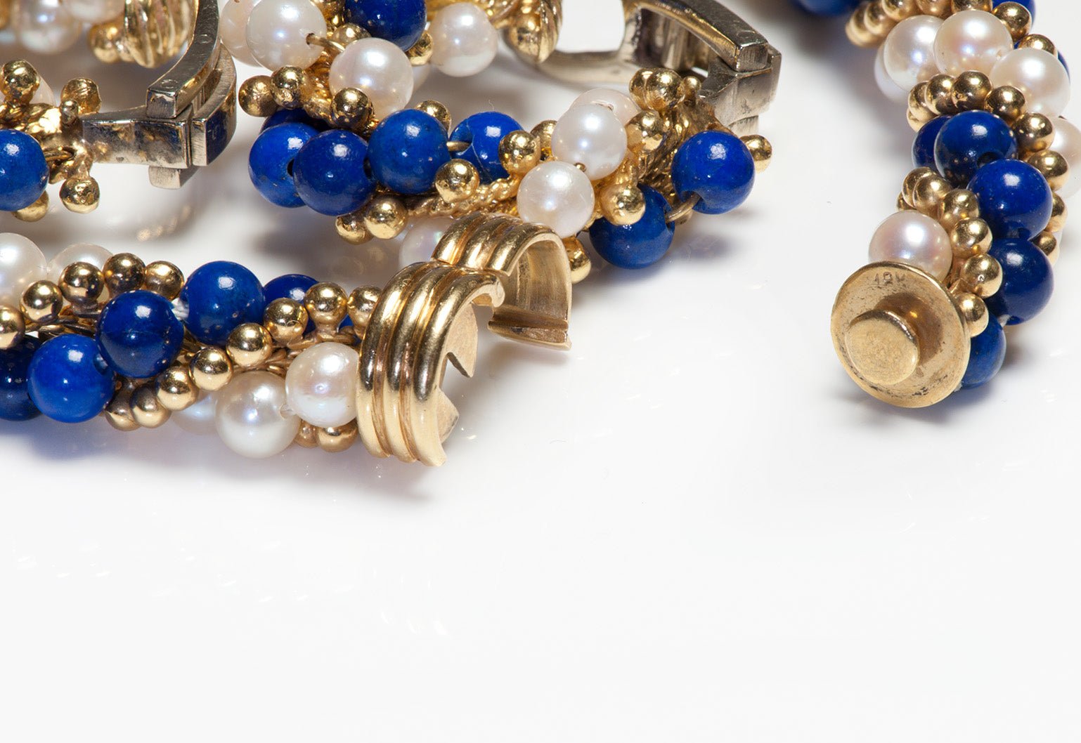 Cartier 18K Gold Lapis Pearl Bead Bracelet Earrings Set