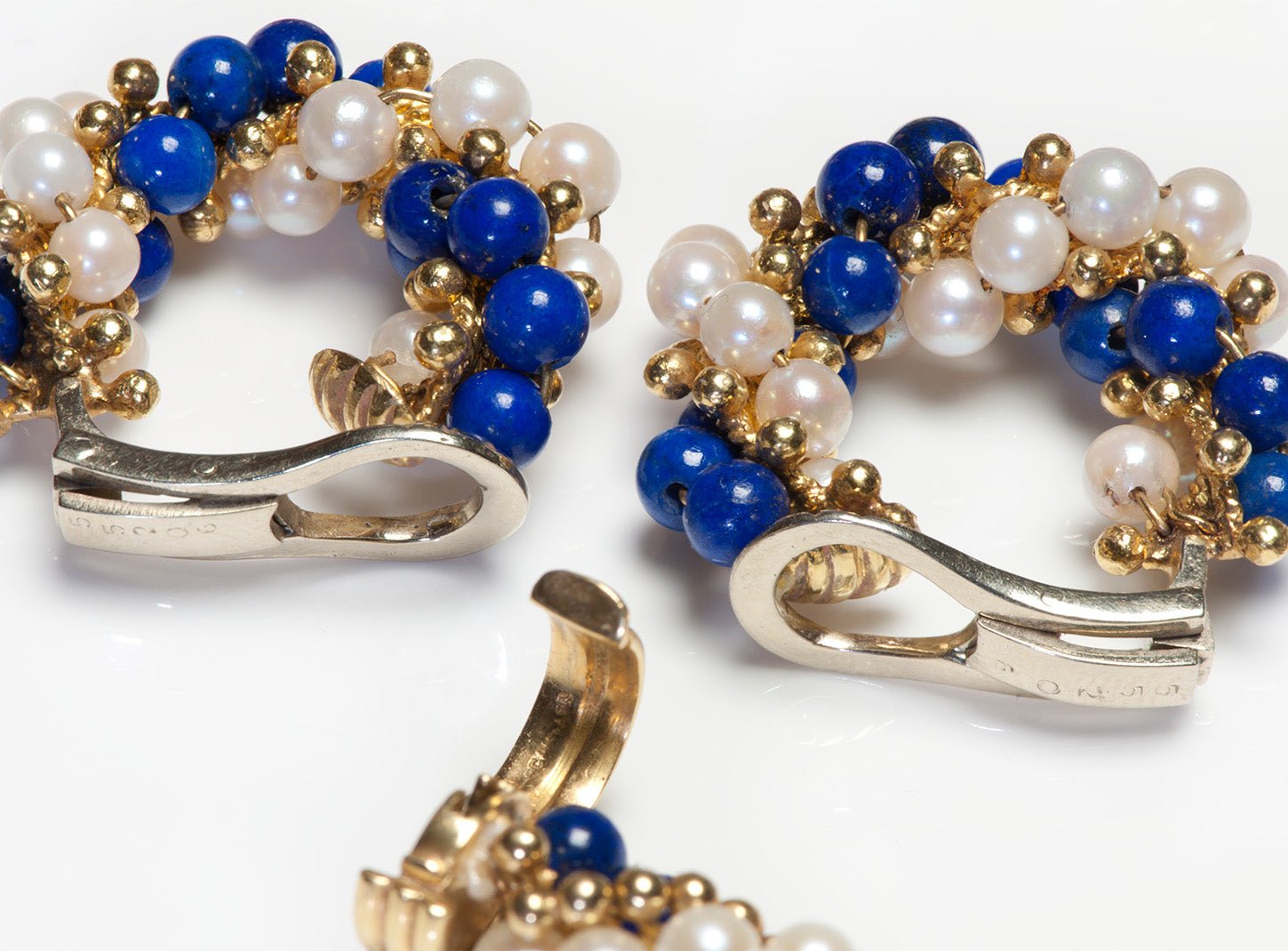 Cartier 18K Gold Lapis Pearl Bead Bracelet Earrings Set