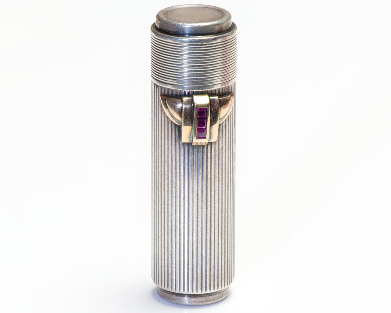 Cartier Art Deco Silver Gold Ruby Lipstick Case Holder