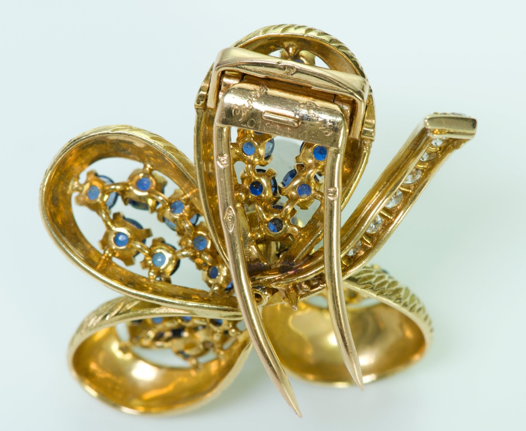 Cartier Paris 18K Gold Clover Diamond Sapphire Pin/Brooch