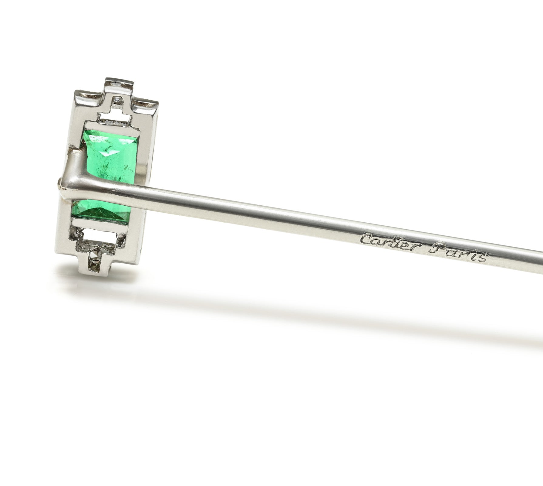 Cartier Paris Art Deco 18K Gold Emerald and Diamond Stick Pin
