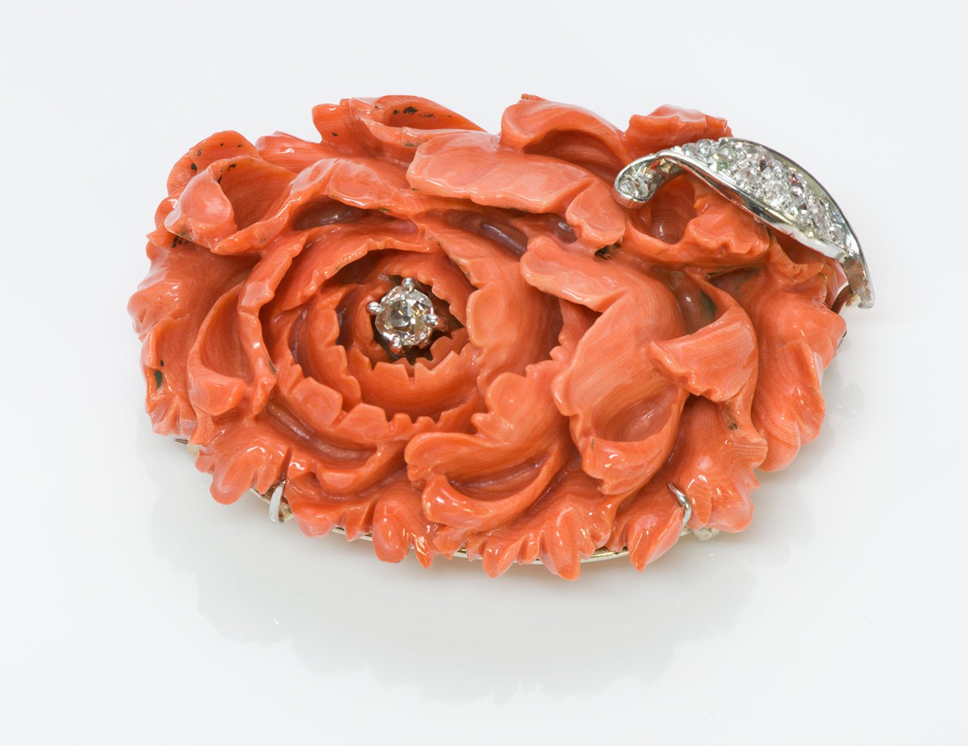 Carved Coral Diamond Chrysanthemum Brooch
