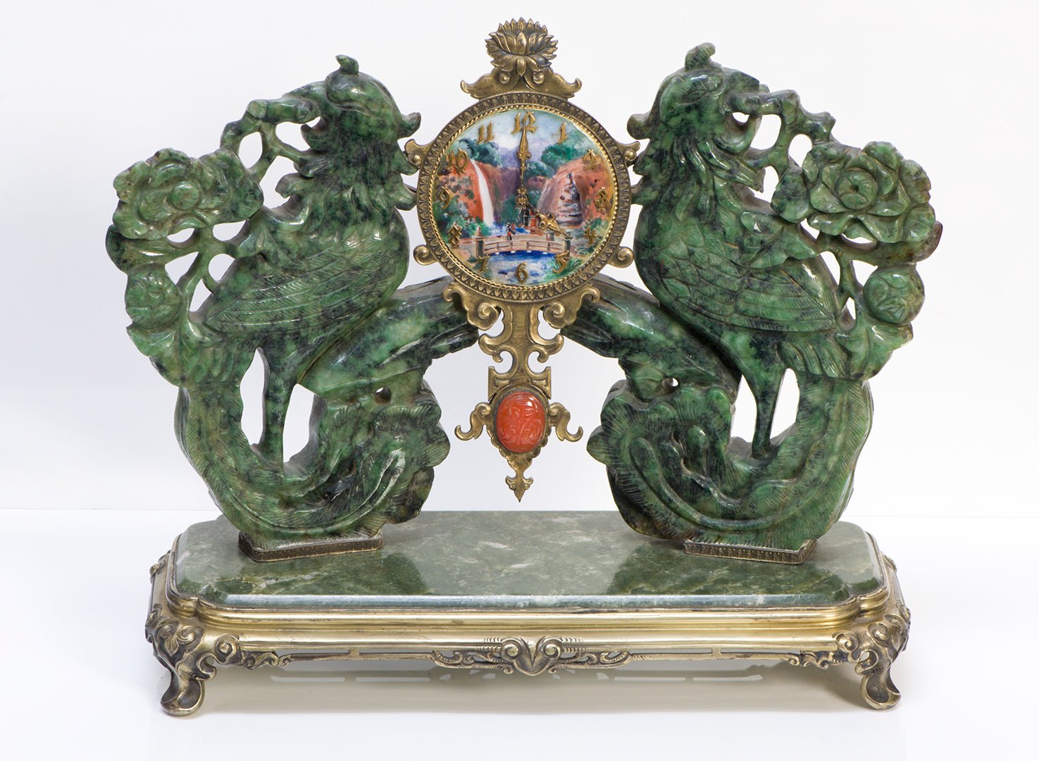 Carved Nephrite Jade Silver and Enamel Clock