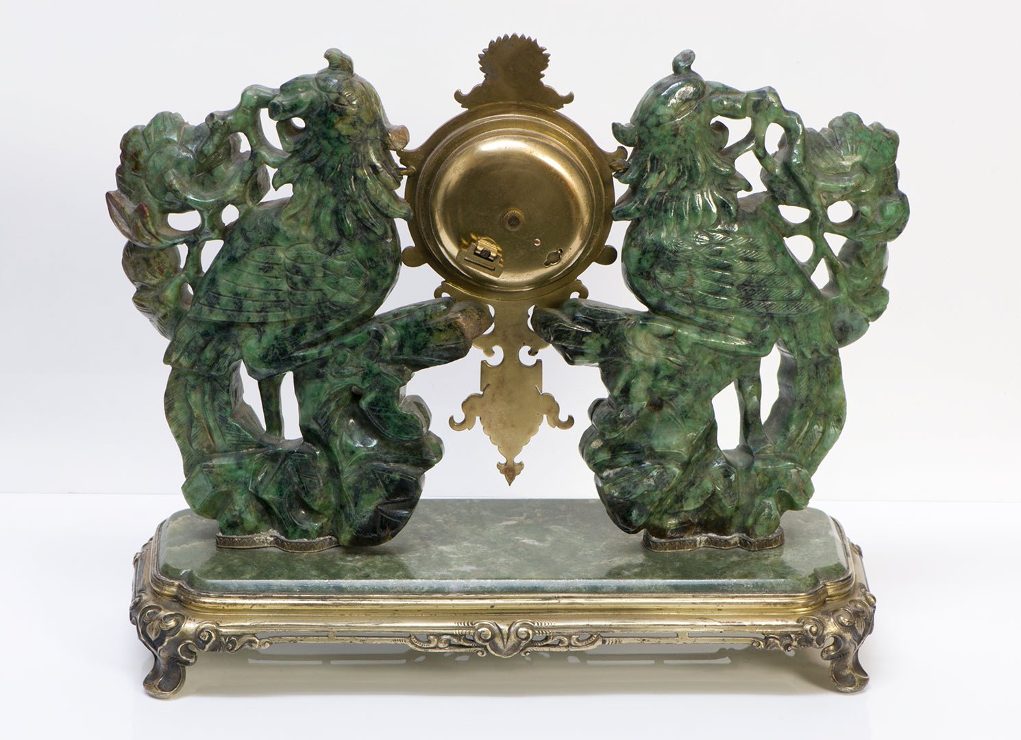 Carved Nephrite Jade Silver and Enamel Clock