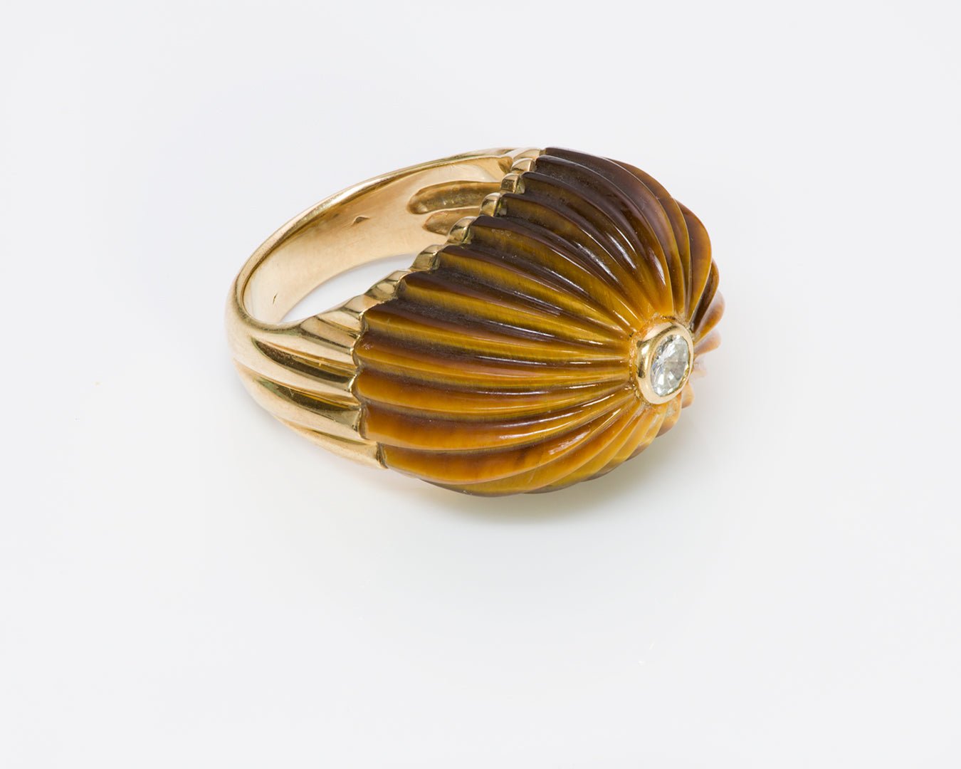 Carvin French 18K Gold Tiger's Eye Dome Diamond Ring