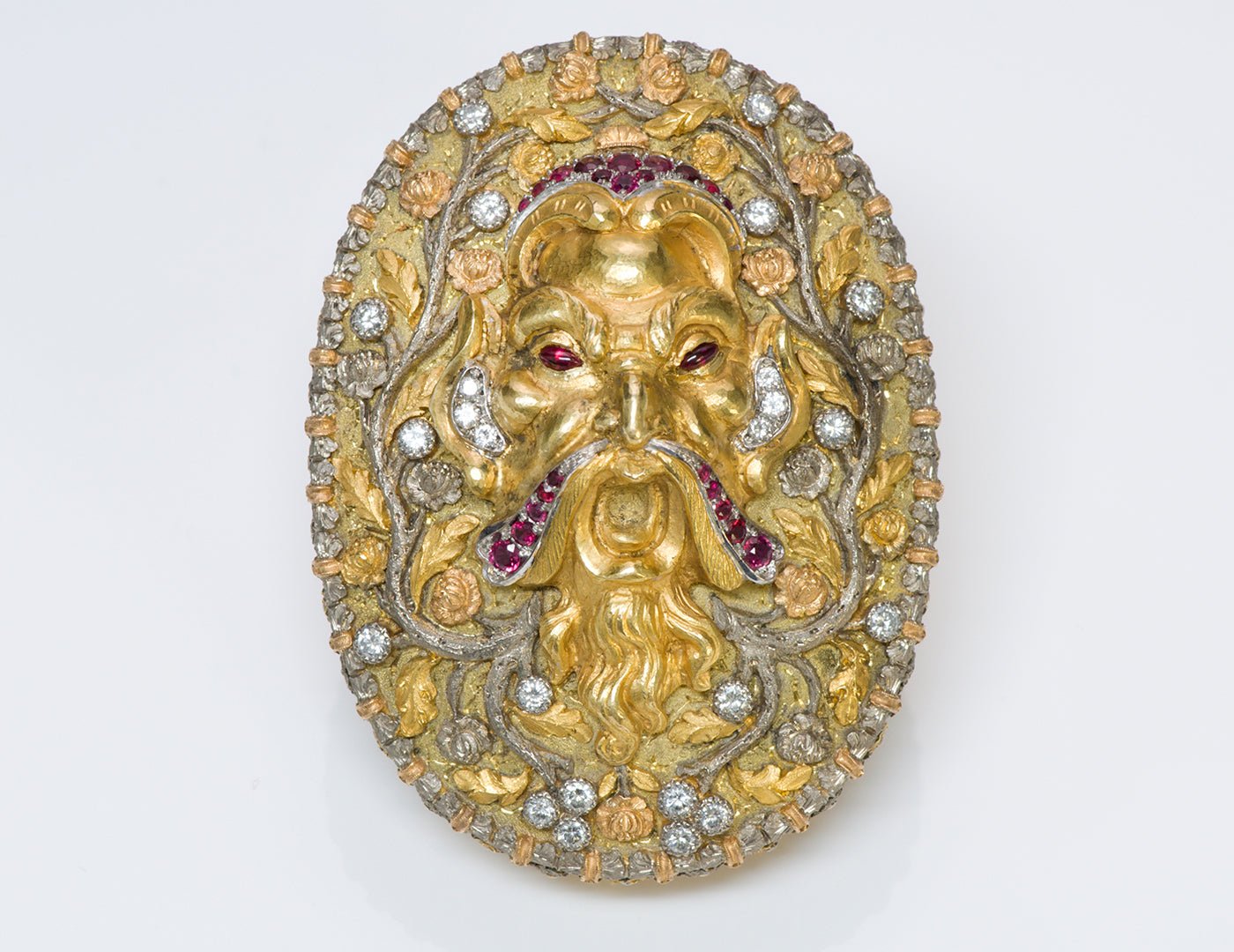 Cazzaniga Zeus Greek Roman Mythology 18K Gold Ruby Diamond Brooch
