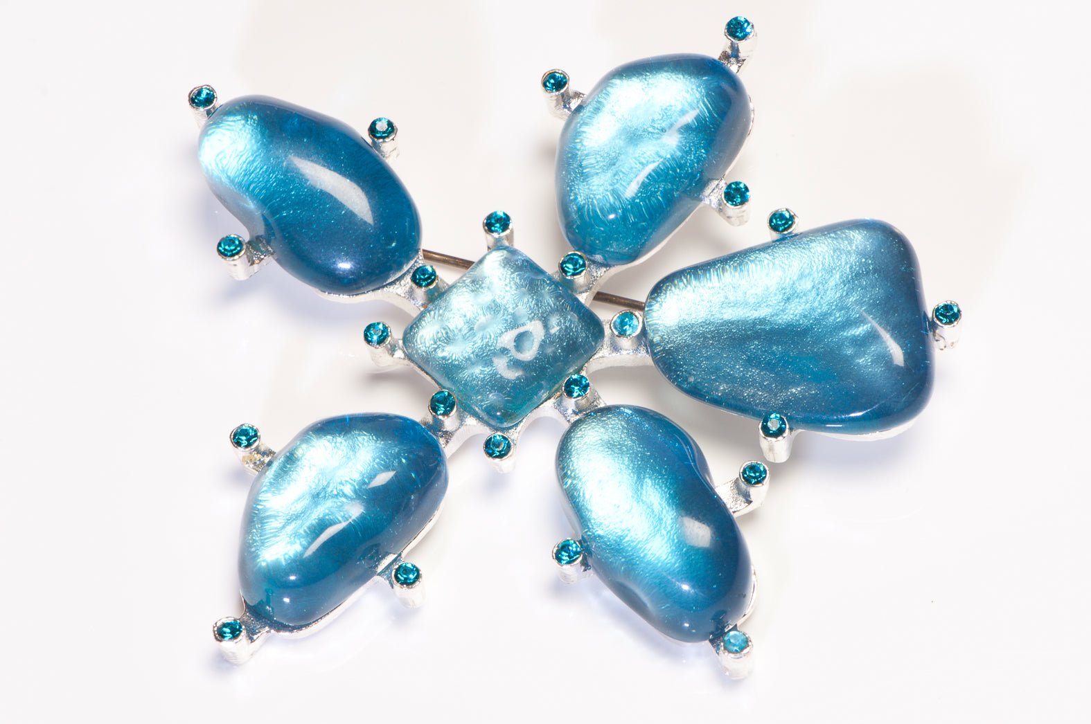 Cecile Jeanne Paris Blue Poured Glass Crystal Flower Brooch