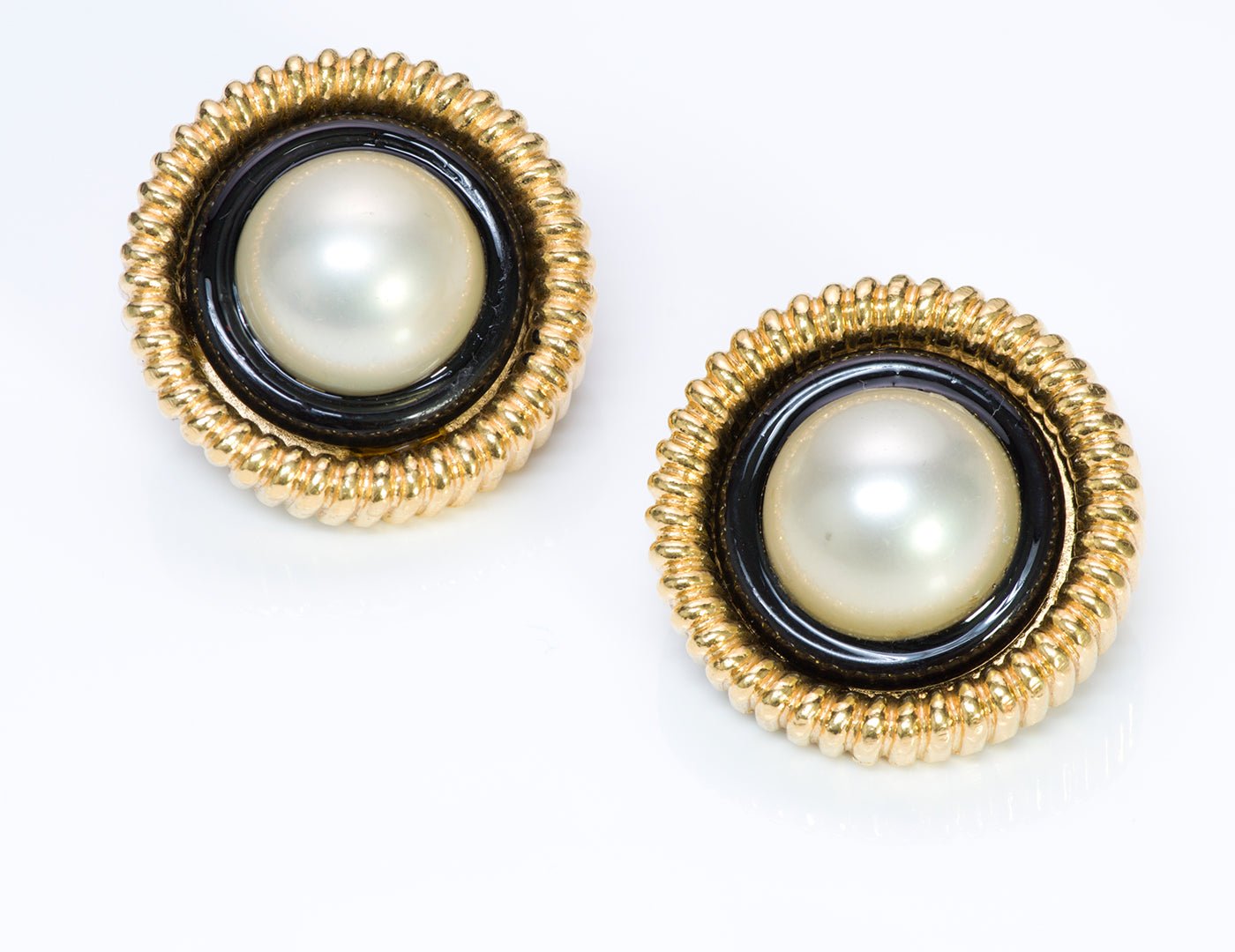 Chanel 1960’s Gold Plated Black Enamel Pearl Round Earrings