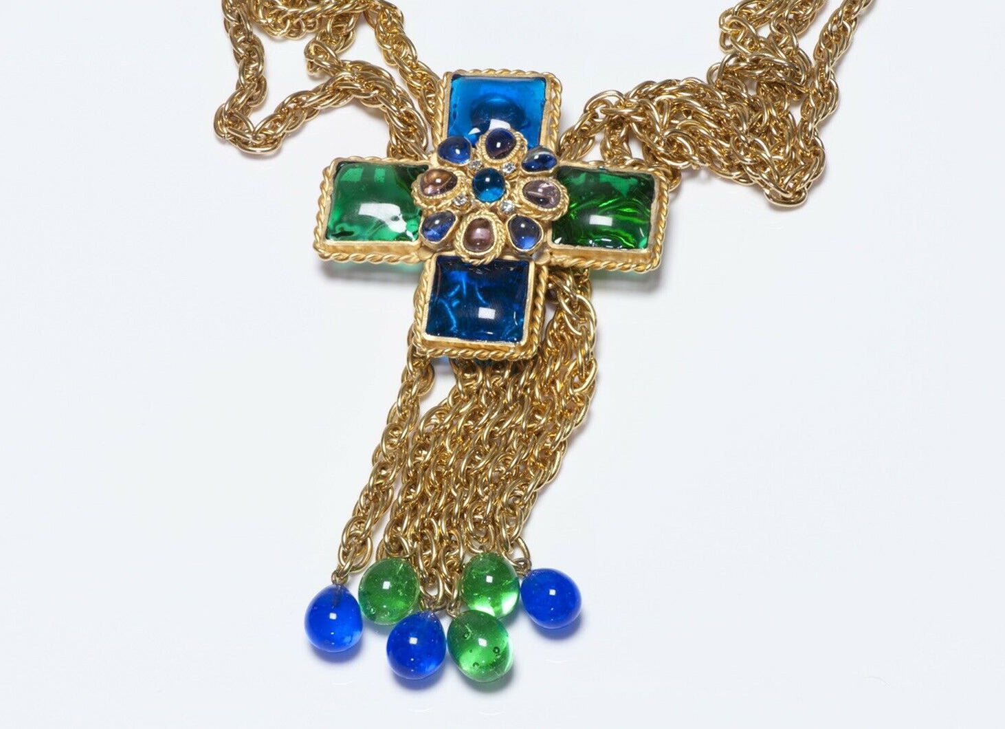 CHANEL 1970’s Gripoix Green Blue Glass Cross Chain Pendant Necklace