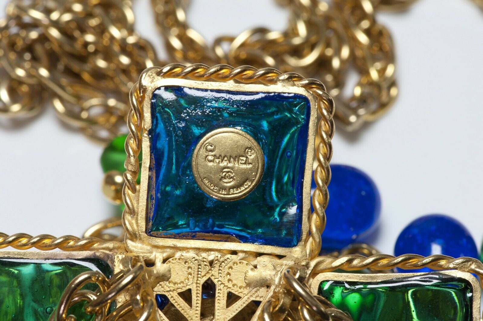 CHANEL 1970’s Gripoix Green Blue Glass Cross Chain Pendant Necklace