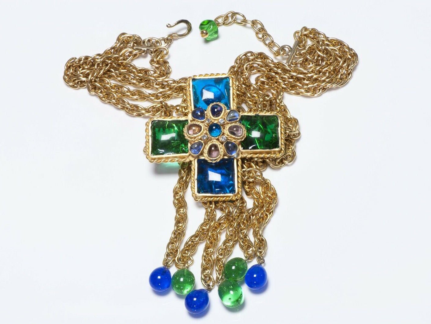 CHANEL 1970’s Gripoix Green Blue Glass Cross Chain Pendant Necklace