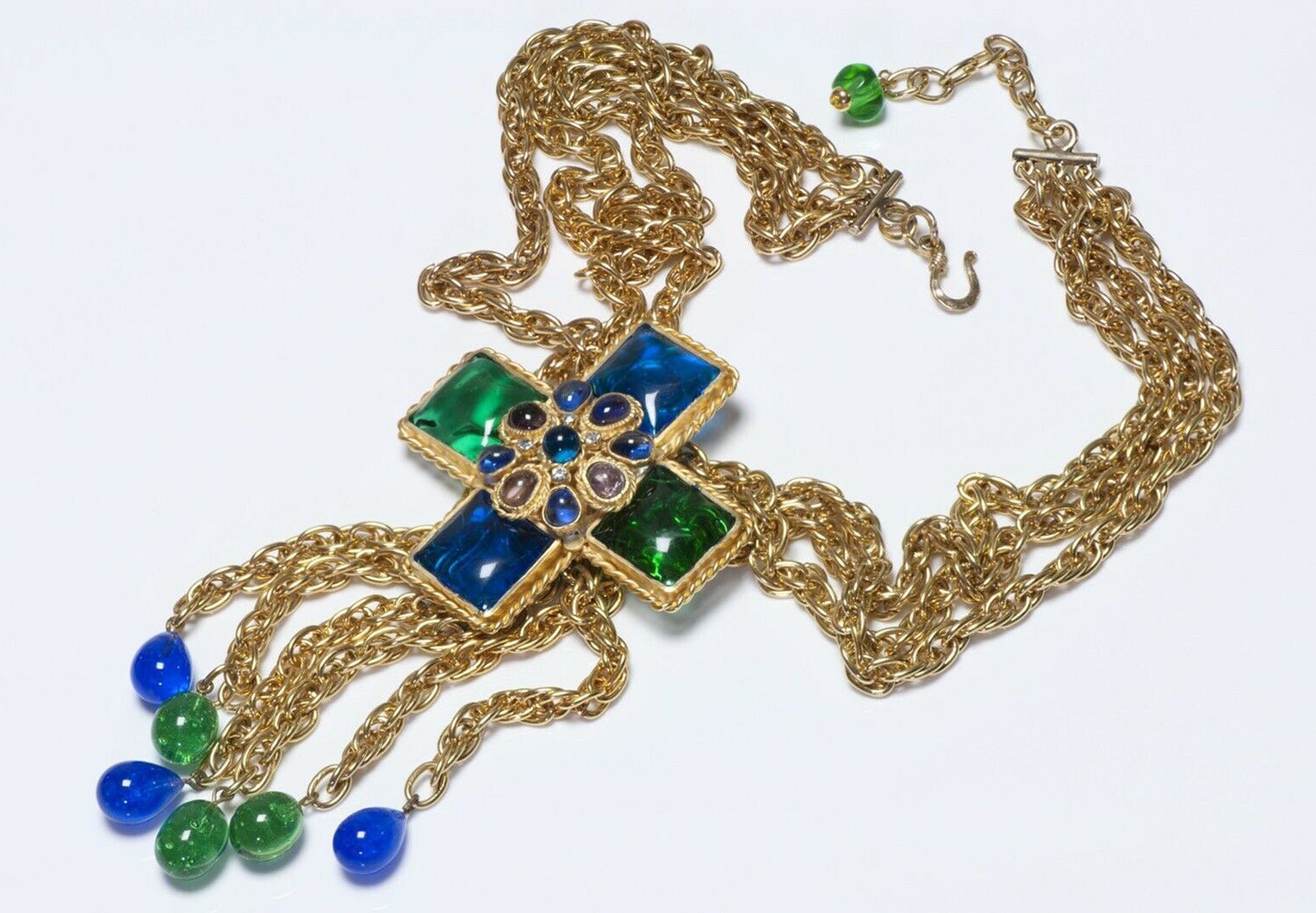 CHANEL 1970’s Gripoix Green Blue Glass Cross Chain Pendant Necklace