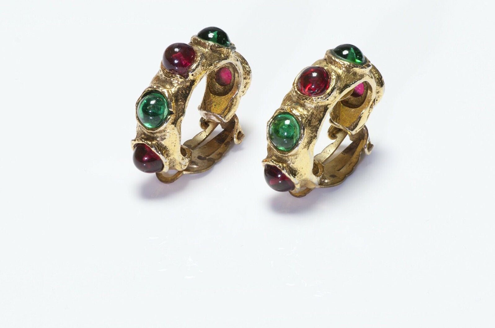 CHANEL 1970’s Gripoix Green Red Glass Hoop Earrings