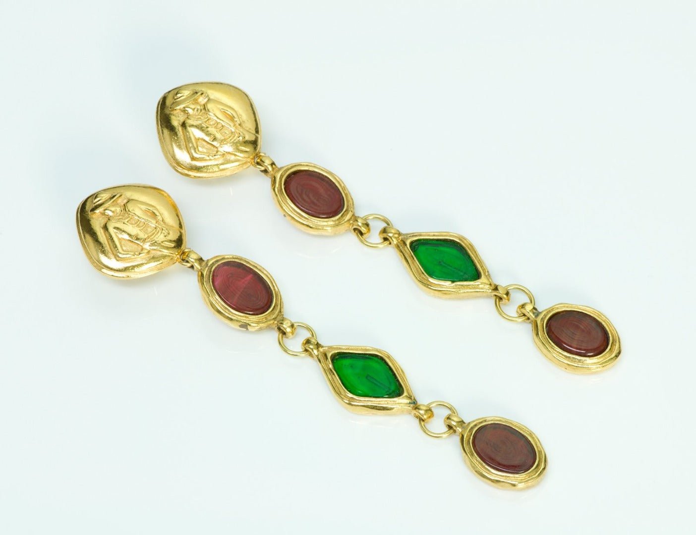 CHANEL 1970’s Gripoix Red Green Glass Coco Mademoiselle Earrings