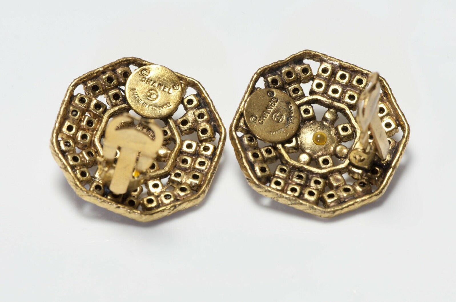 CHANEL 1970’s Octagonal Crystal Brown Pearl Earrings