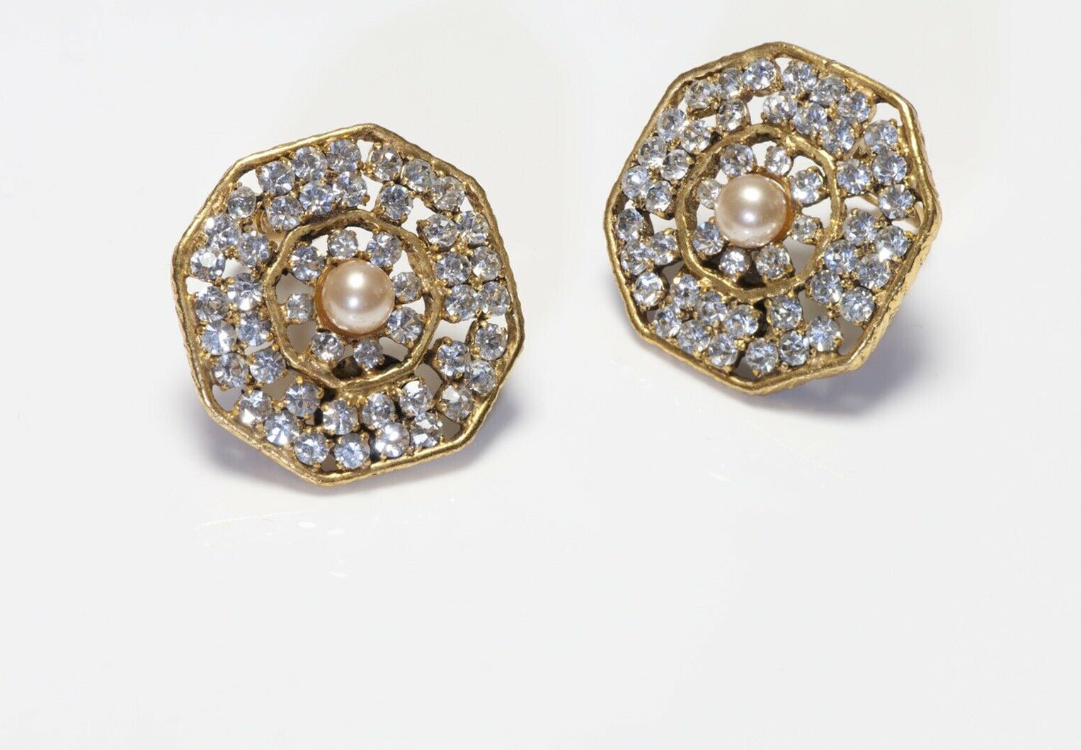 CHANEL 1970’s Octagonal Crystal Brown Pearl Earrings