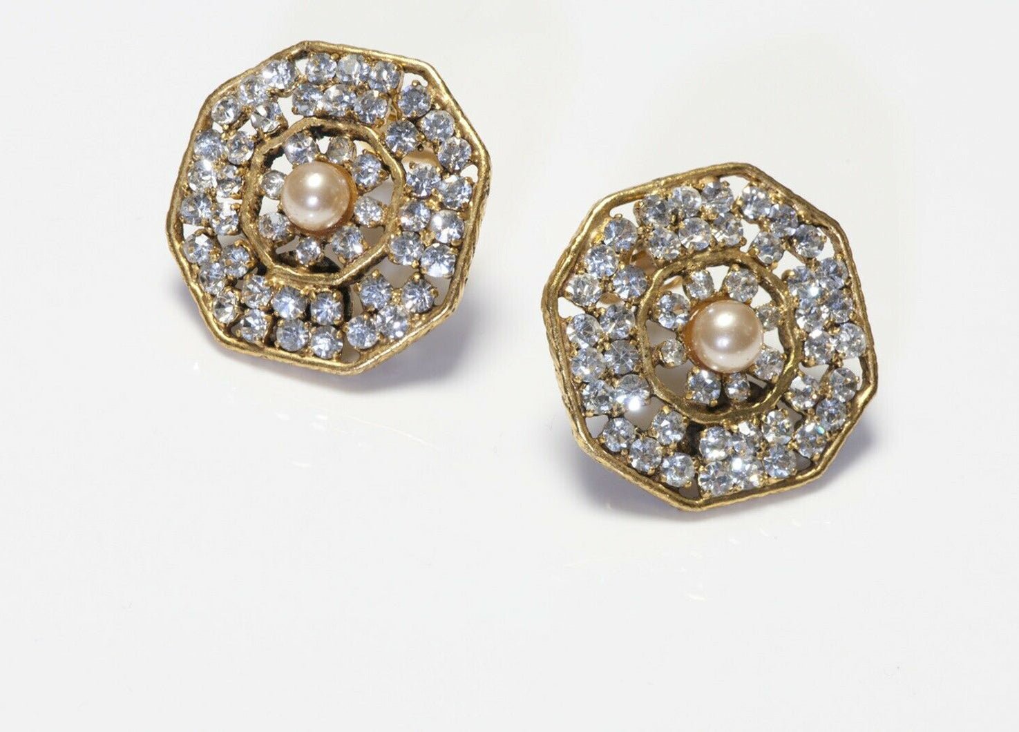 CHANEL 1970’s Octagonal Crystal Brown Pearl Earrings