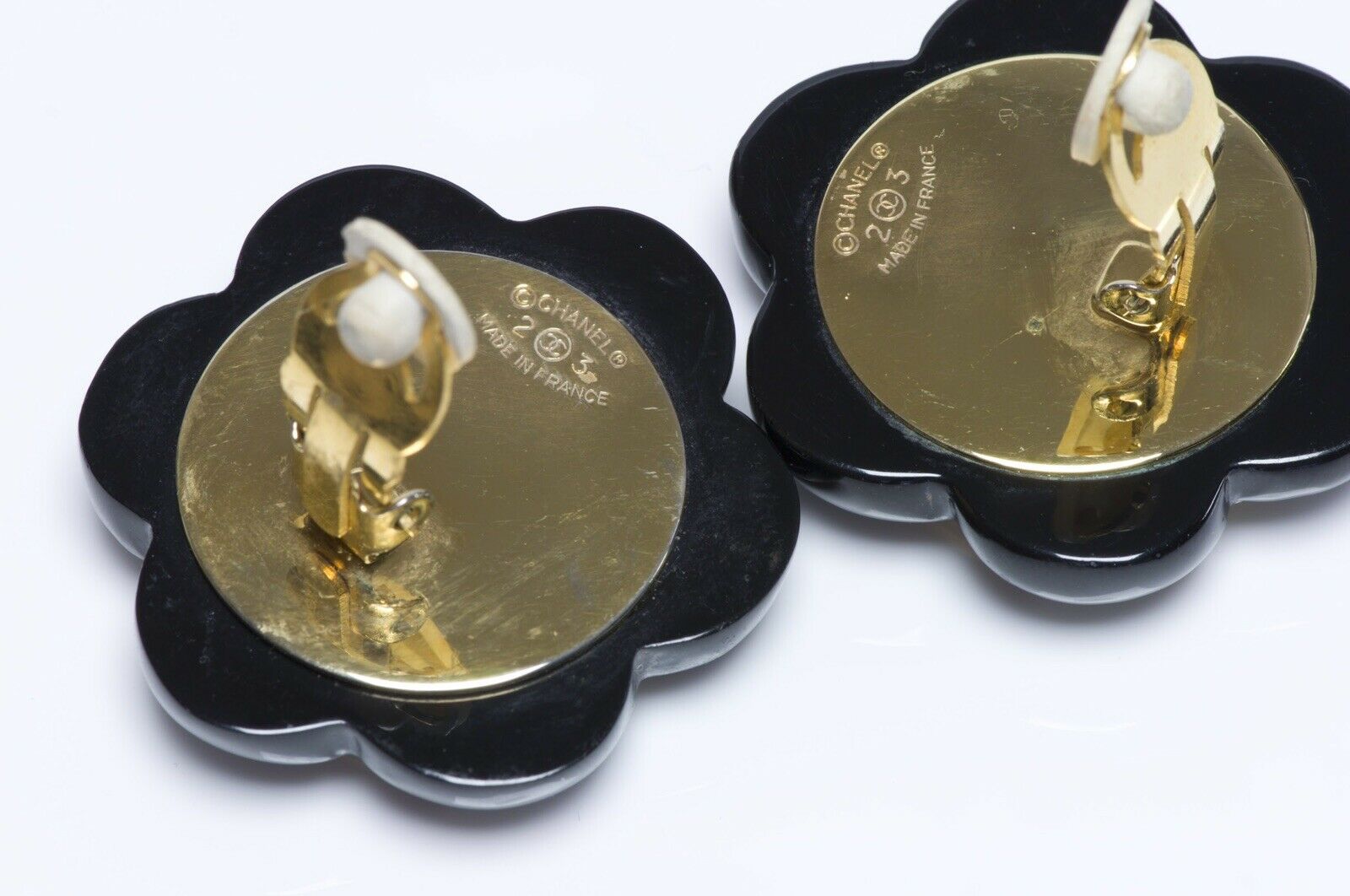 CHANEL 1980’s Coco Mademoiselle Coin Black Camellia Flower Earrings