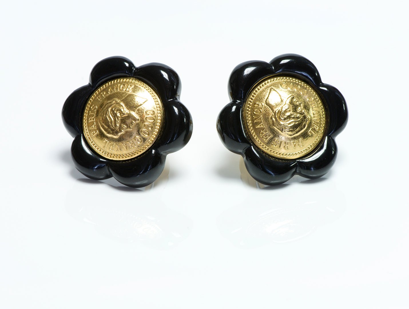 CHANEL 1980’s Coco Mademoiselle Coin Black Camellia Flower Earrings
