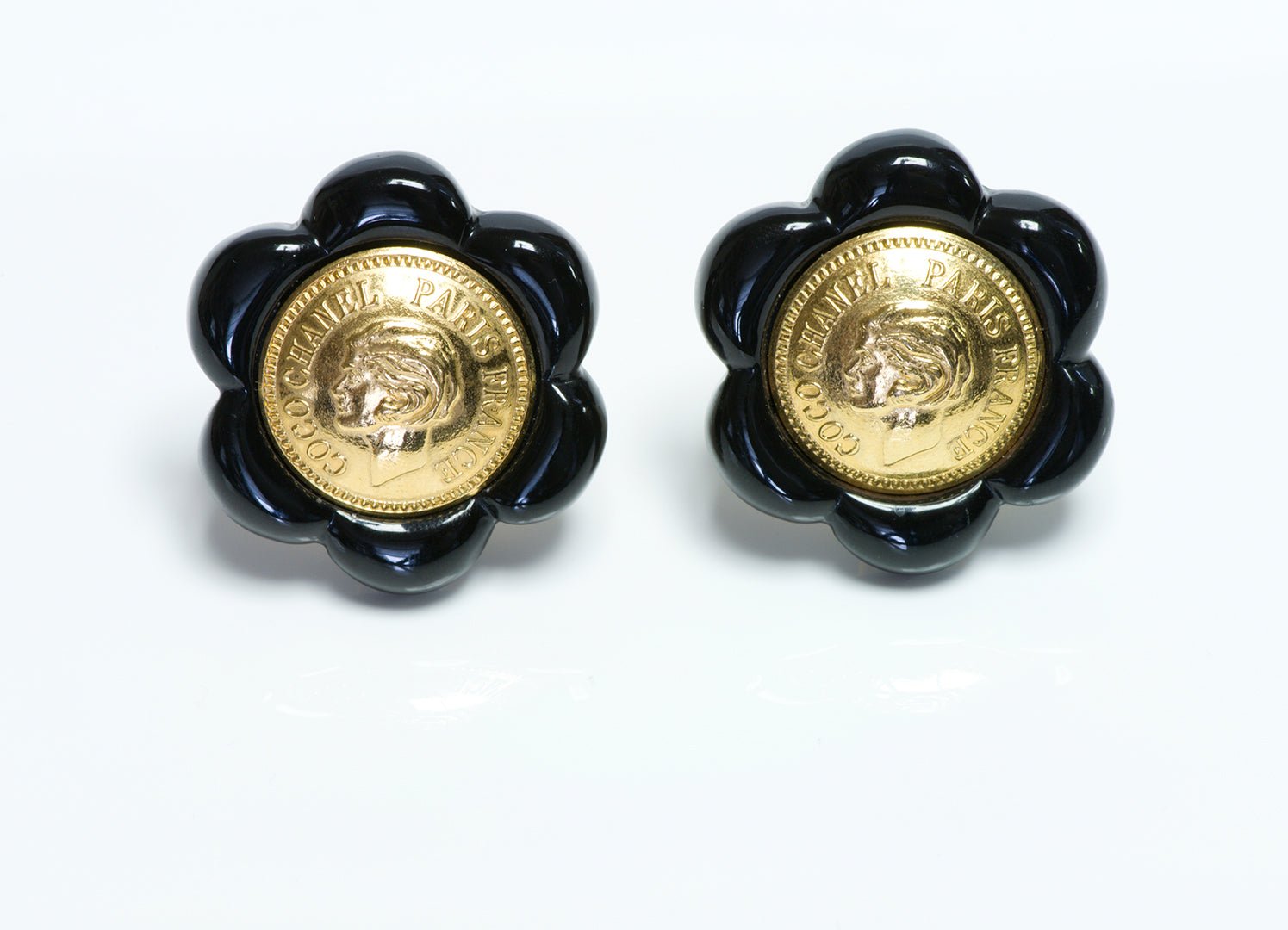 CHANEL 1980’s Coco Mademoiselle Coin Black Camellia Flower Earrings
