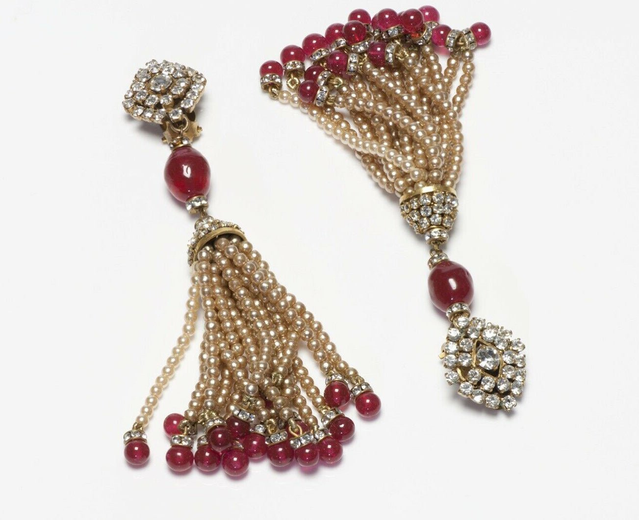 CHANEL 1983 Gripoix Long Pearl Tassel Red Glass Beads Earrings
