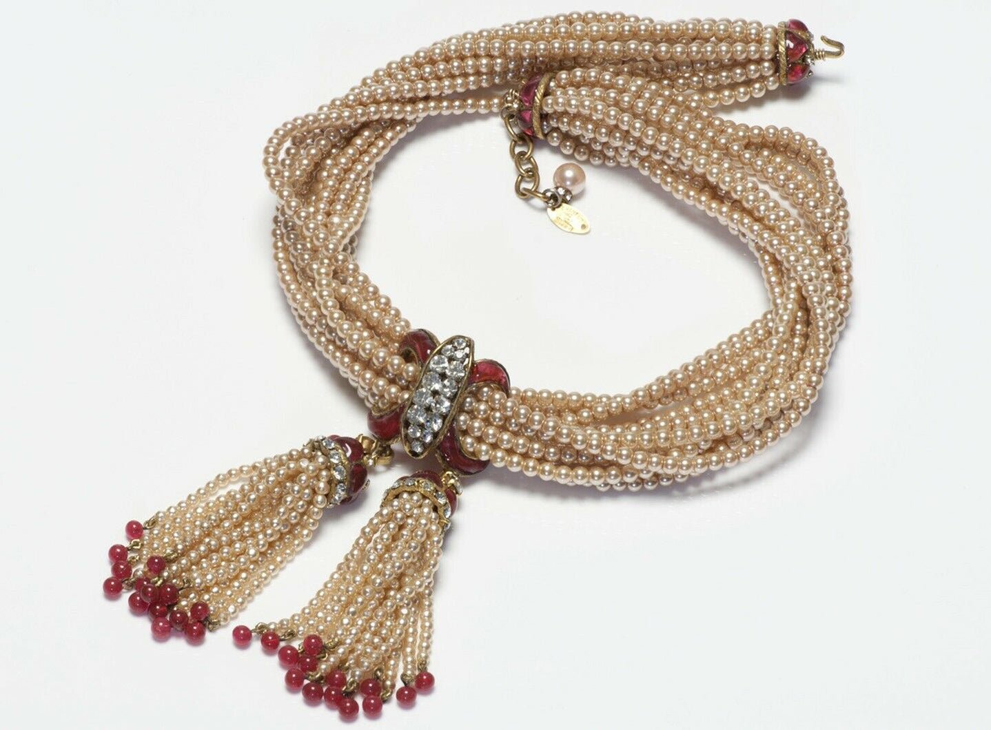 CHANEL 1983 Gripoix Pearl Red Glass Tassel Beads Necklace
