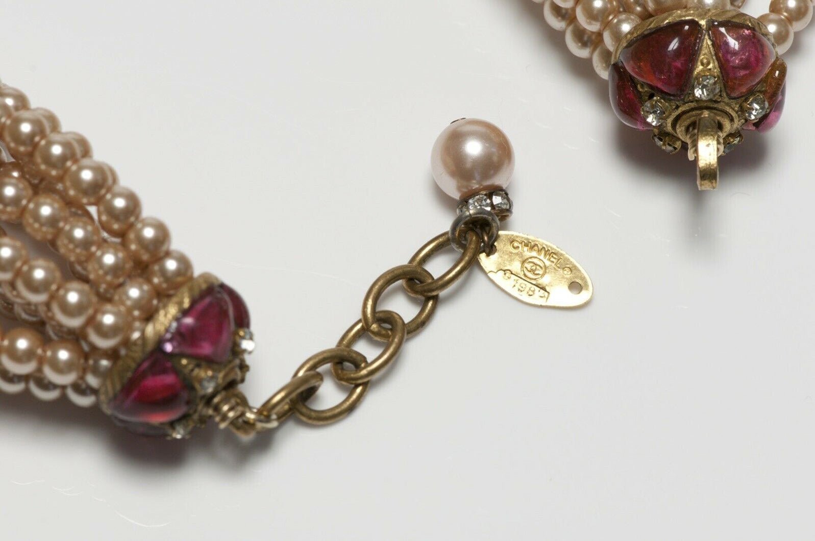 CHANEL 1983 Gripoix Pearl Red Glass Tassel Beads Necklace