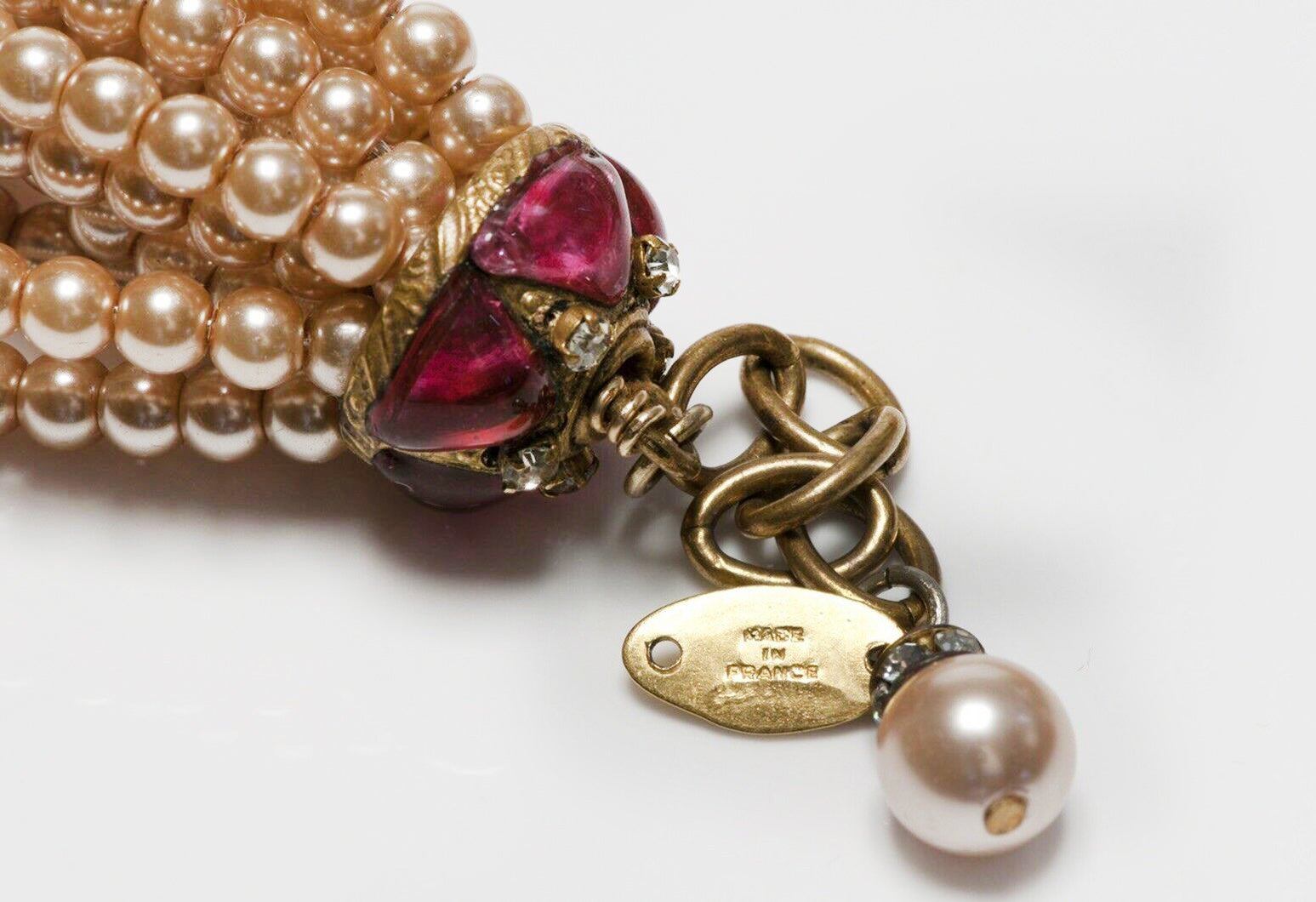 CHANEL 1983 Gripoix Pearl Red Glass Tassel Beads Necklace