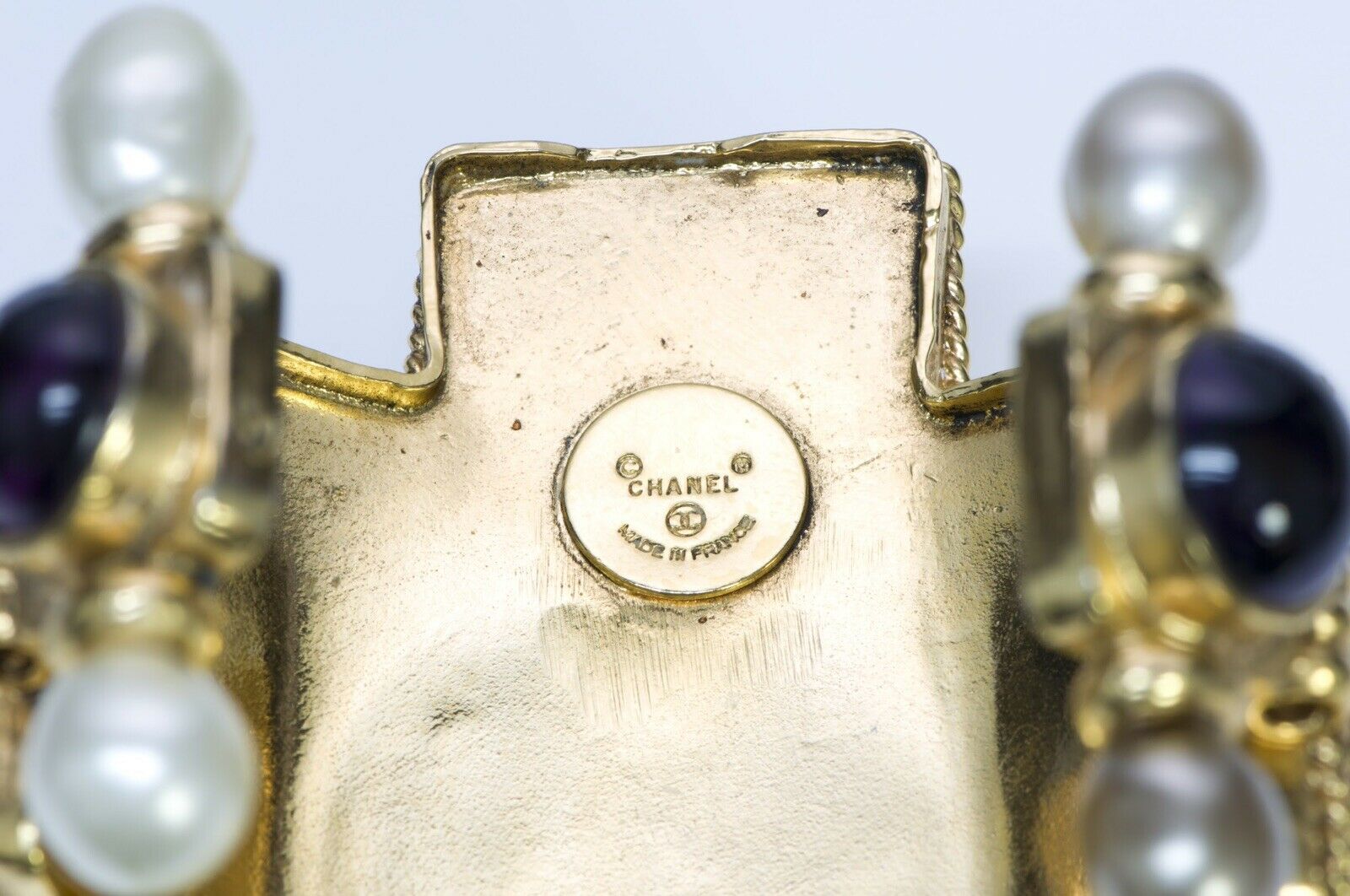 CHANEL 1990-91 Maison Gripoix Glass Byzantine Style Pearl Cross Cuff Bracelet