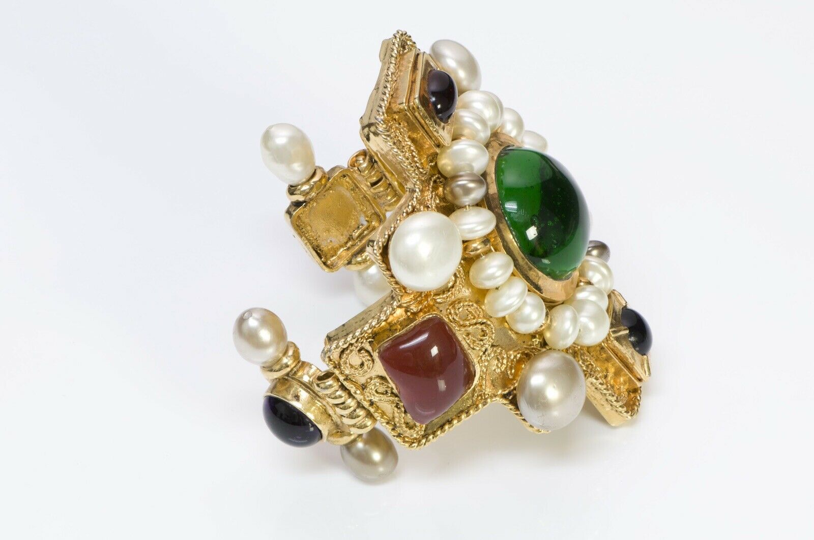 CHANEL 1990-91 Maison Gripoix Glass Byzantine Style Pearl Cross Cuff Bracelet