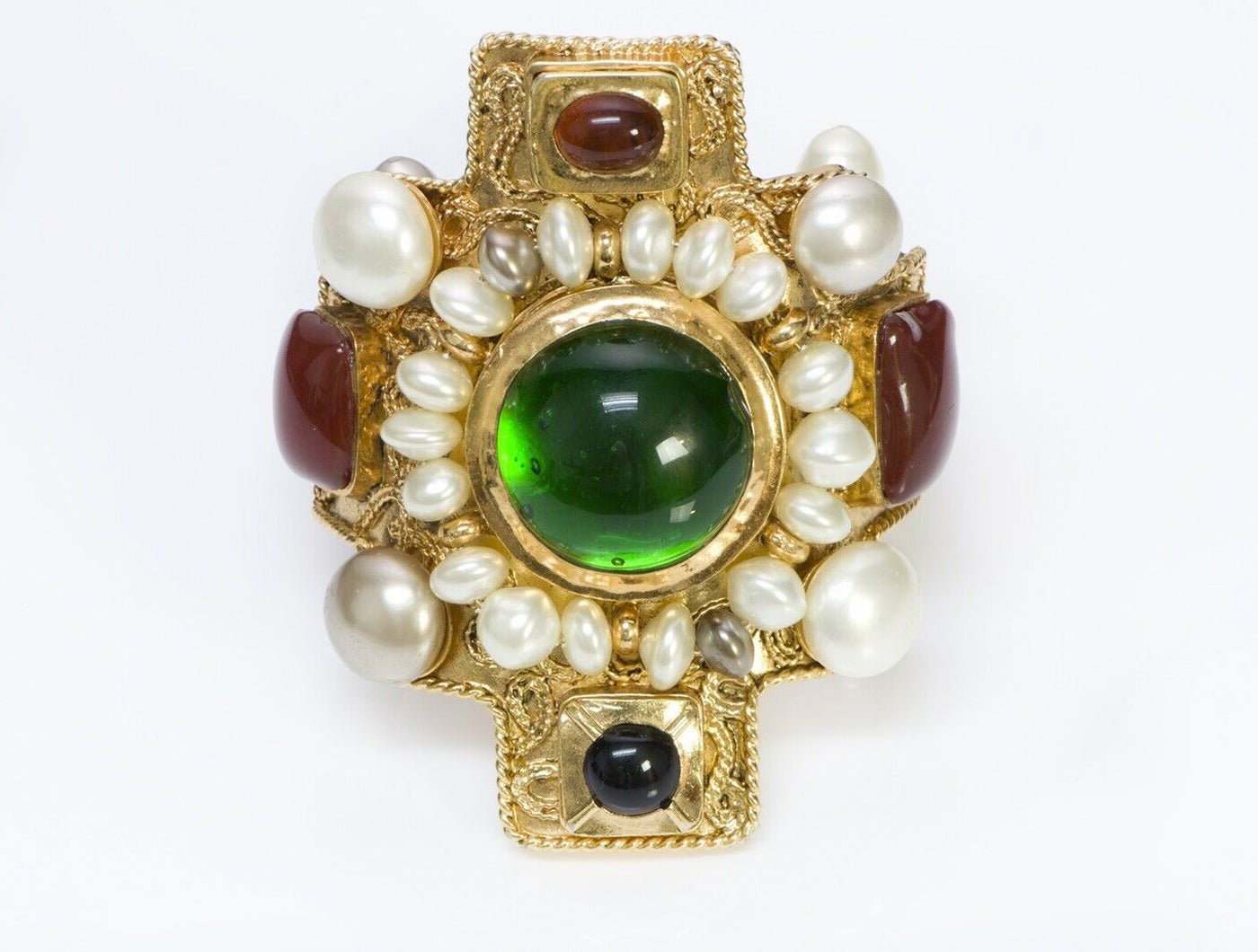 CHANEL 1990-91 Maison Gripoix Glass Byzantine Style Pearl Cross Cuff Bracelet