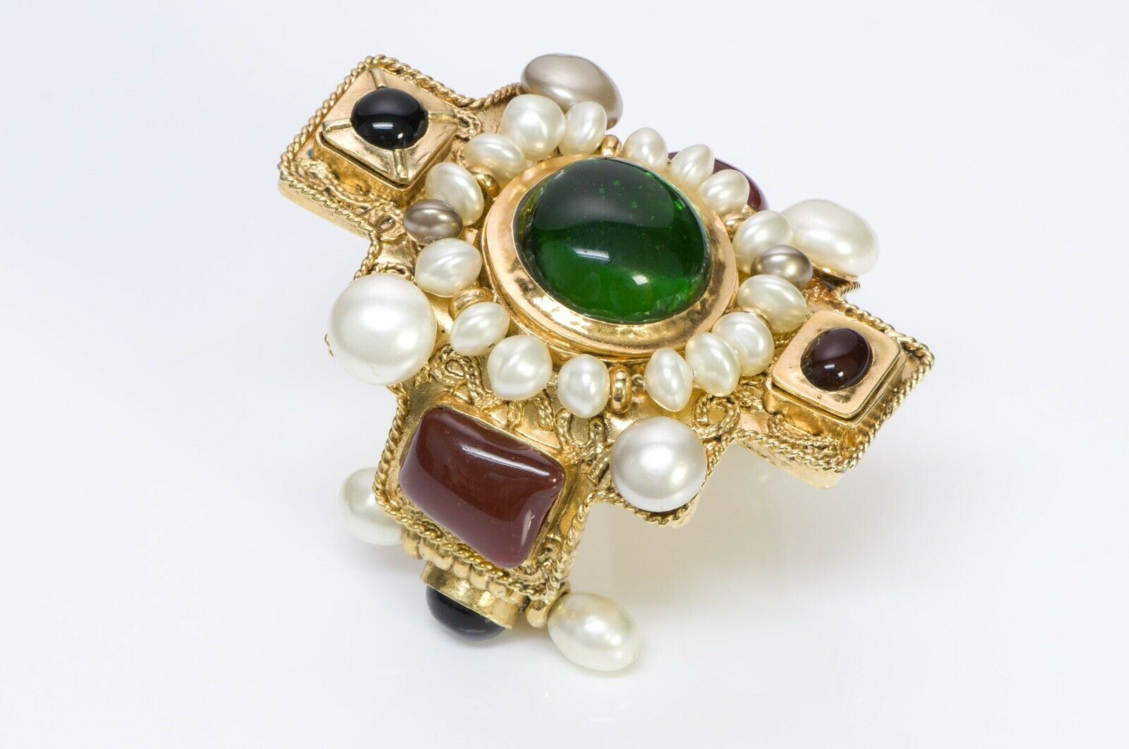 CHANEL 1990-91 Maison Gripoix Glass Byzantine Style Pearl Cross Cuff Bracelet