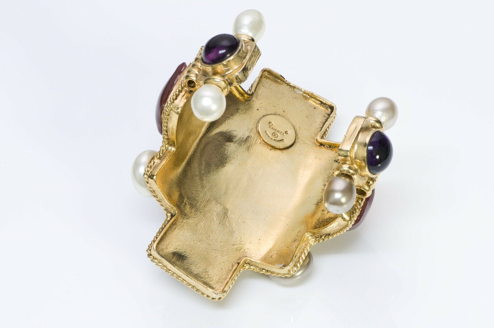 CHANEL 1990-91 Maison Gripoix Glass Byzantine Style Pearl Cross Cuff Bracelet