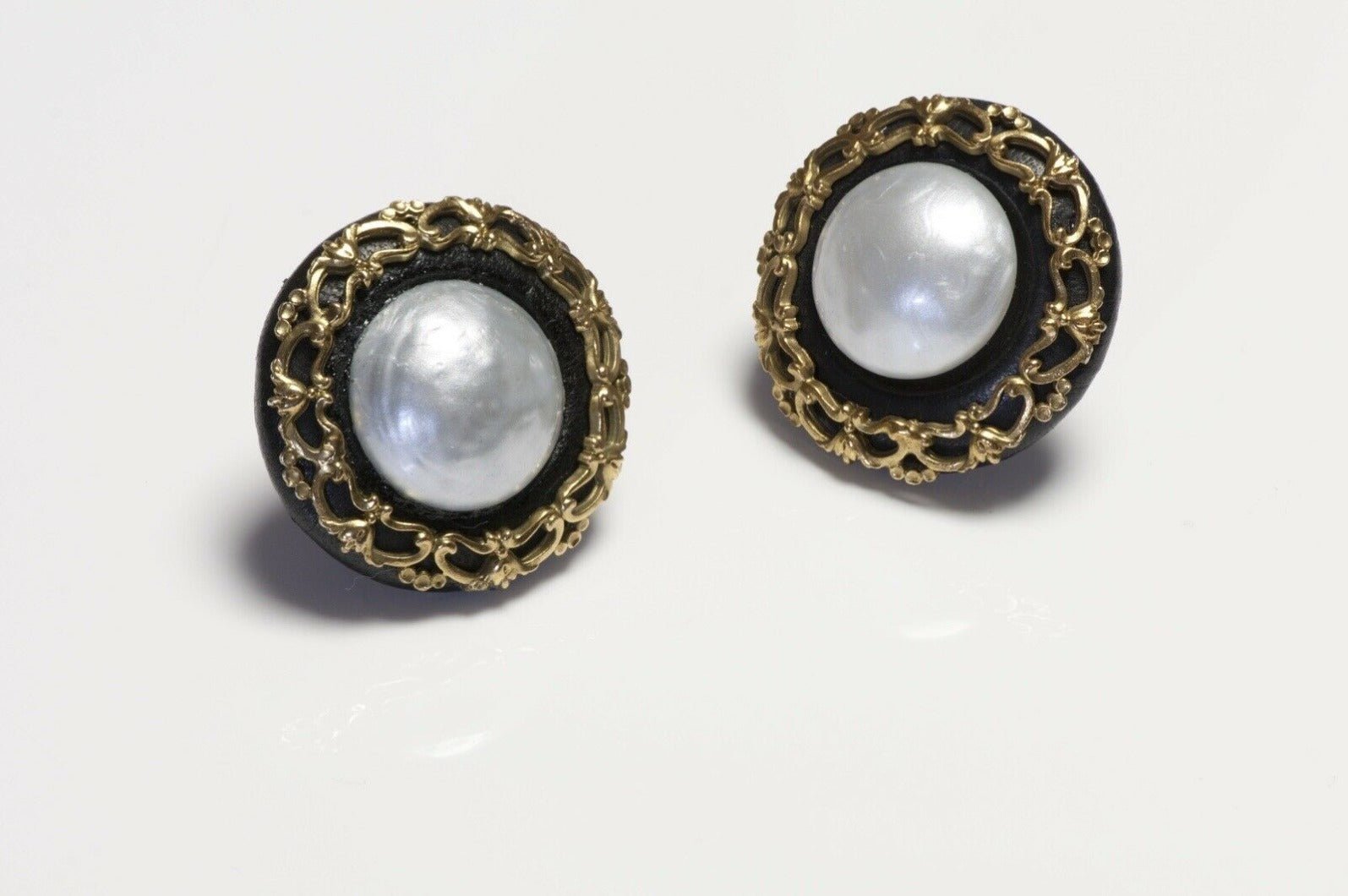 CHANEL 1990’s Black Leather Faux Pearl Camellia Flower Earrings