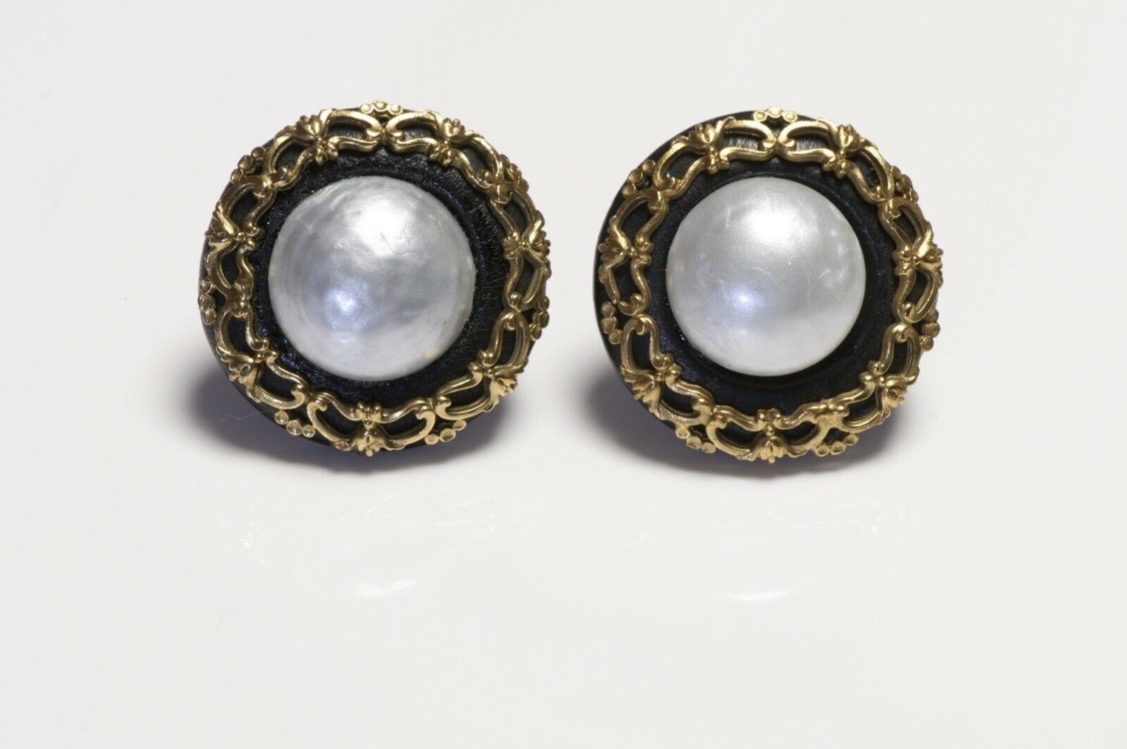 CHANEL 1990’s Black Leather Faux Pearl Camellia Flower Earrings