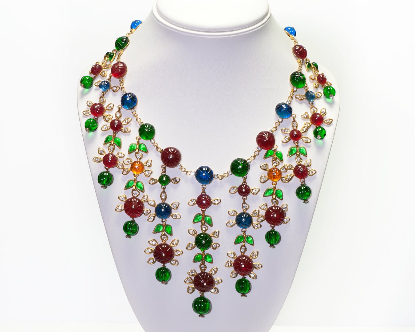 CHANEL 1990’s Couture Gripoix Camellia Green Red Blue Glass Necklace