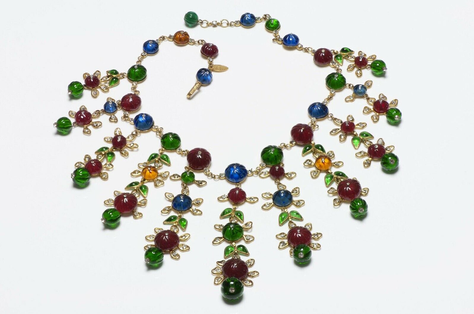 CHANEL 1990’s Couture Gripoix Camellia Green Red Blue Glass Necklace