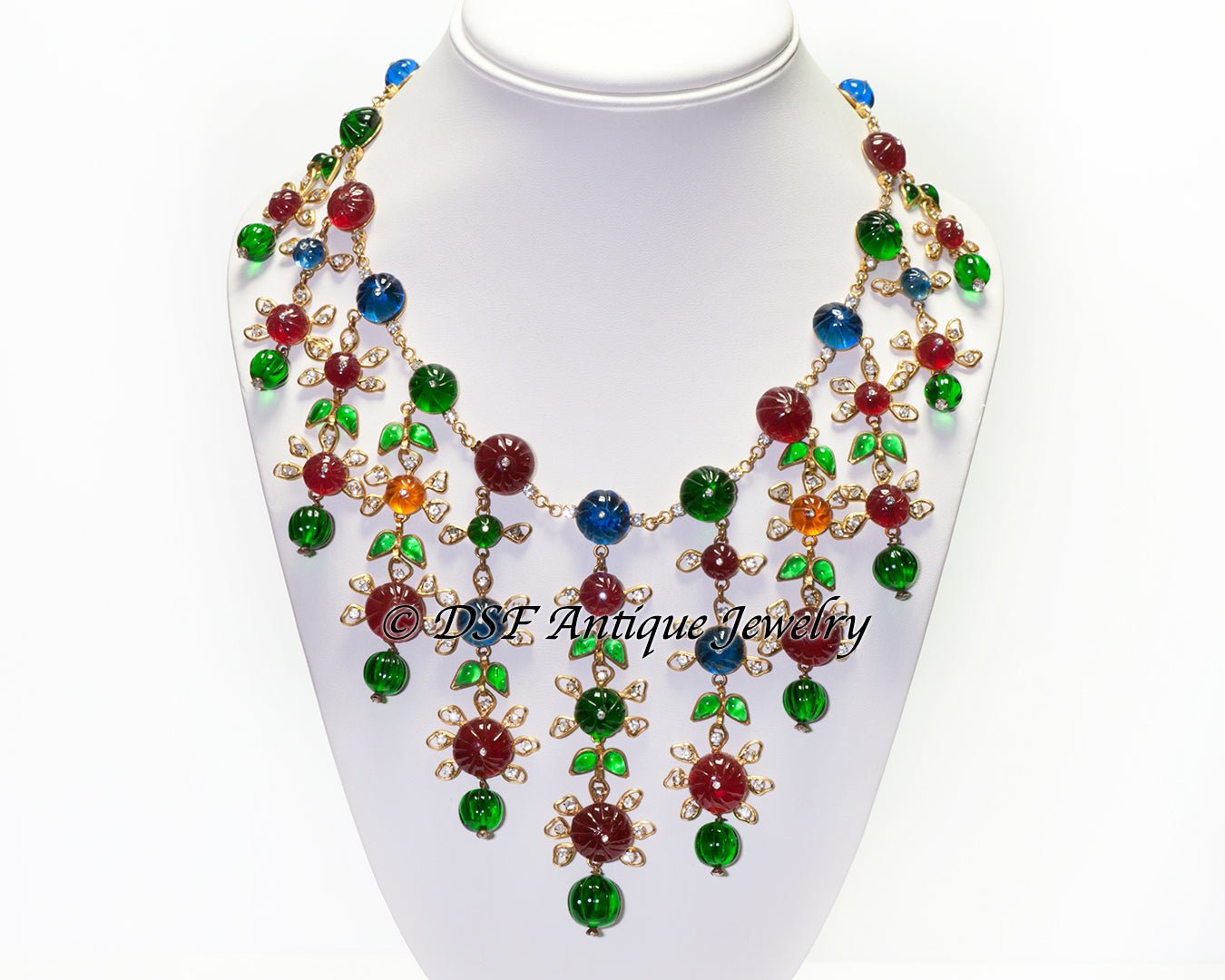 CHANEL 1990’s Couture Gripoix Camellia Green Red Blue Glass Necklace