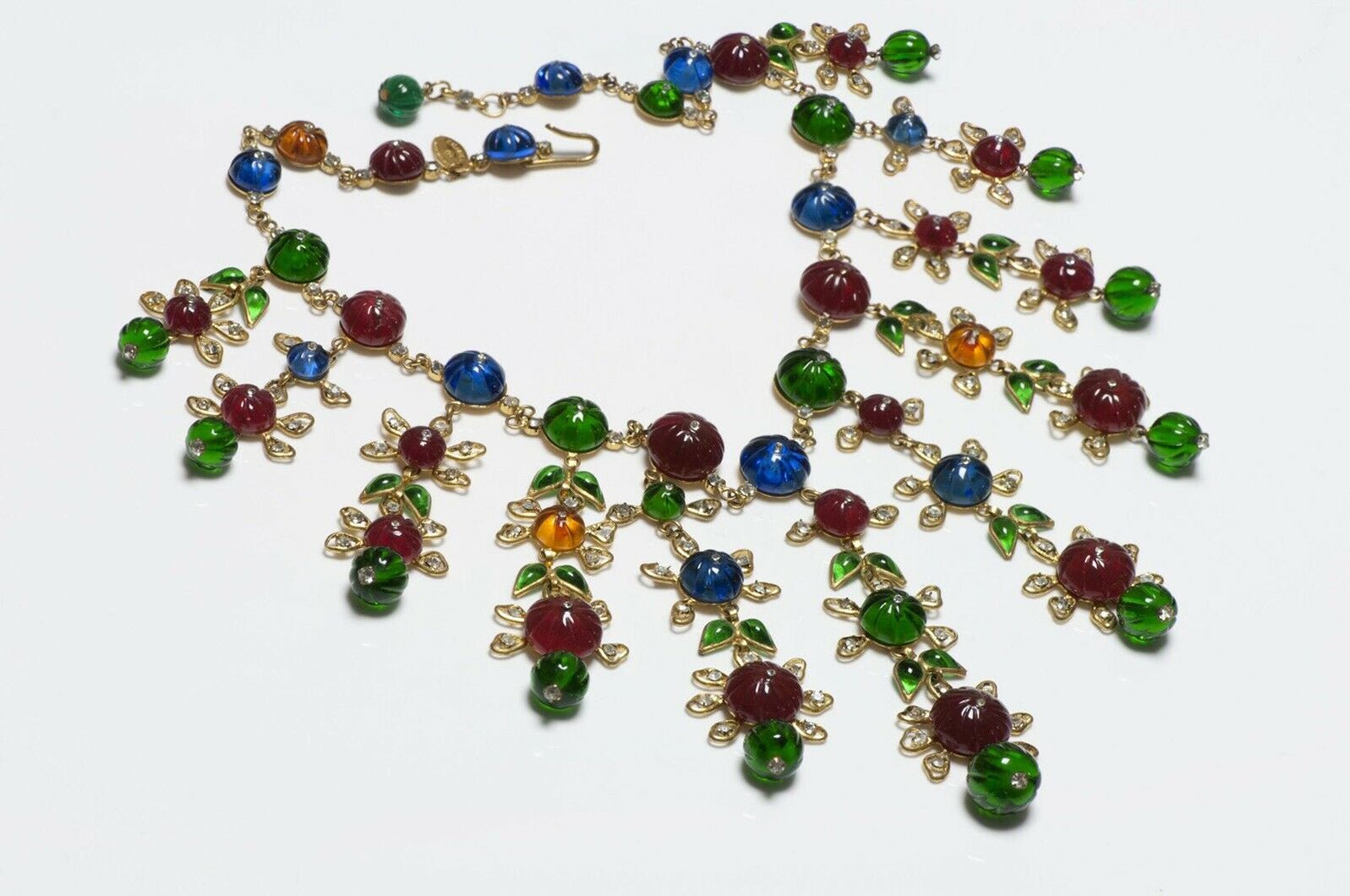 CHANEL 1990’s Couture Gripoix Camellia Green Red Blue Glass Necklace