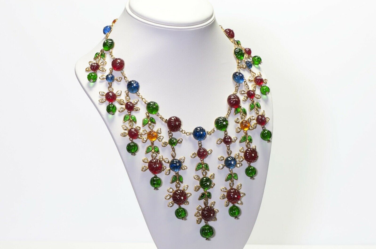 CHANEL 1990’s Couture Gripoix Camellia Green Red Blue Glass Necklace