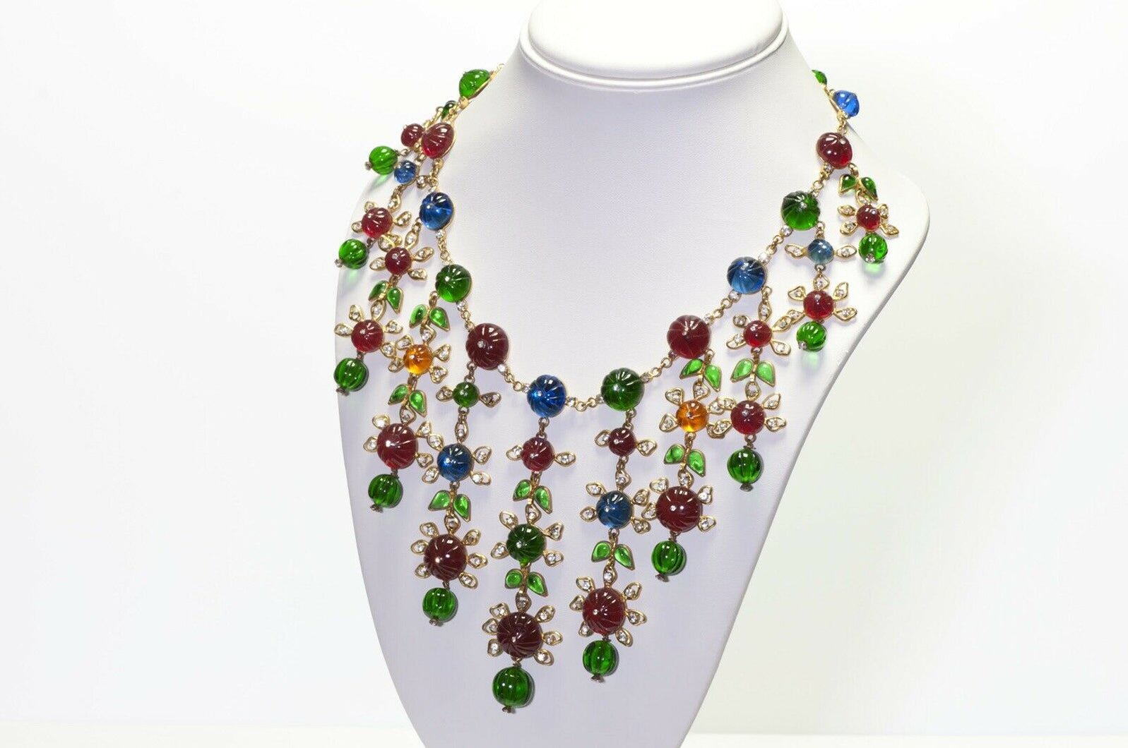 CHANEL 1990’s Couture Gripoix Camellia Green Red Blue Glass Necklace