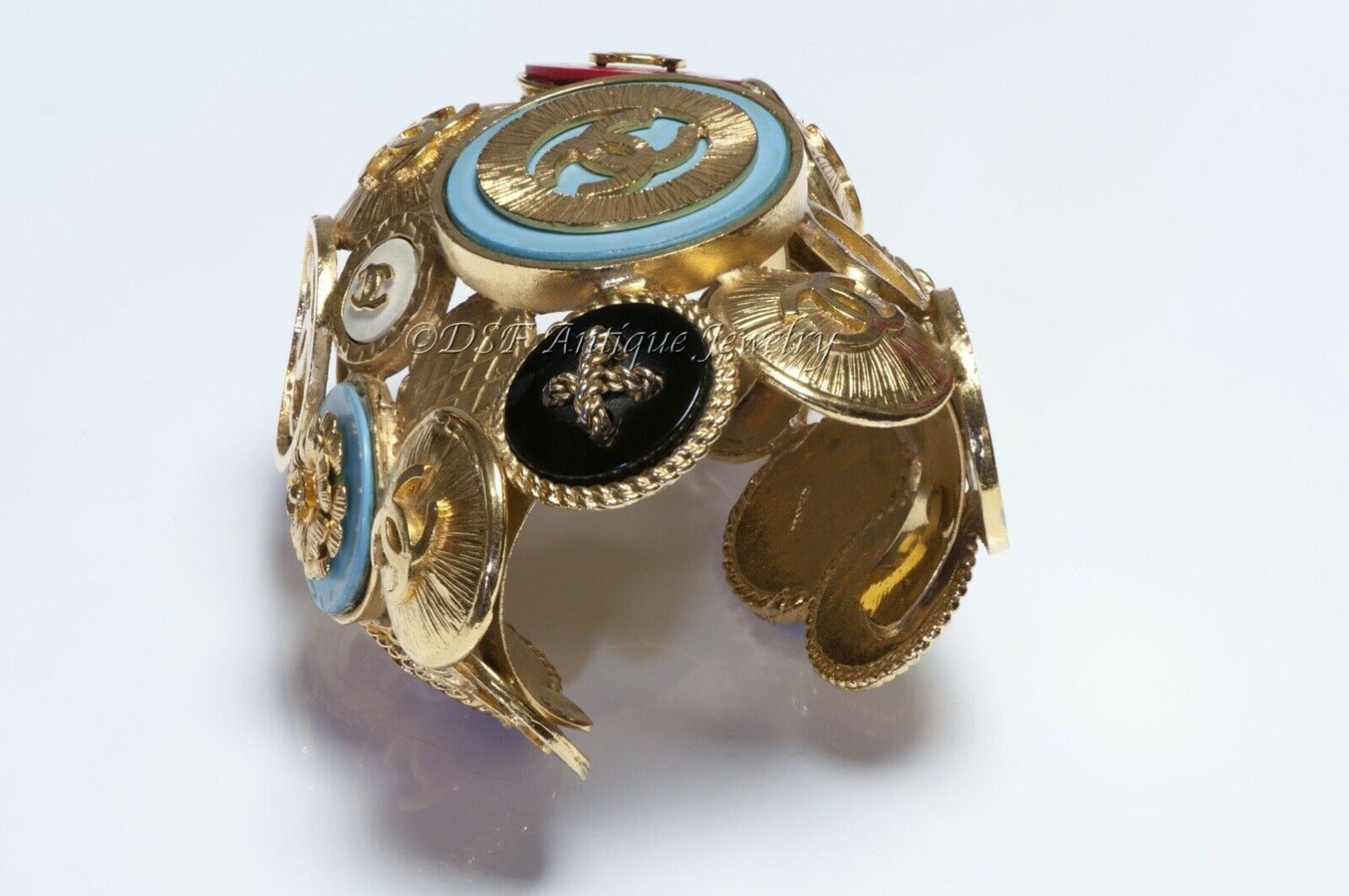 CHANEL 1990’s Extra Wide CC Coin Medallion Charm Cuff Bracelet