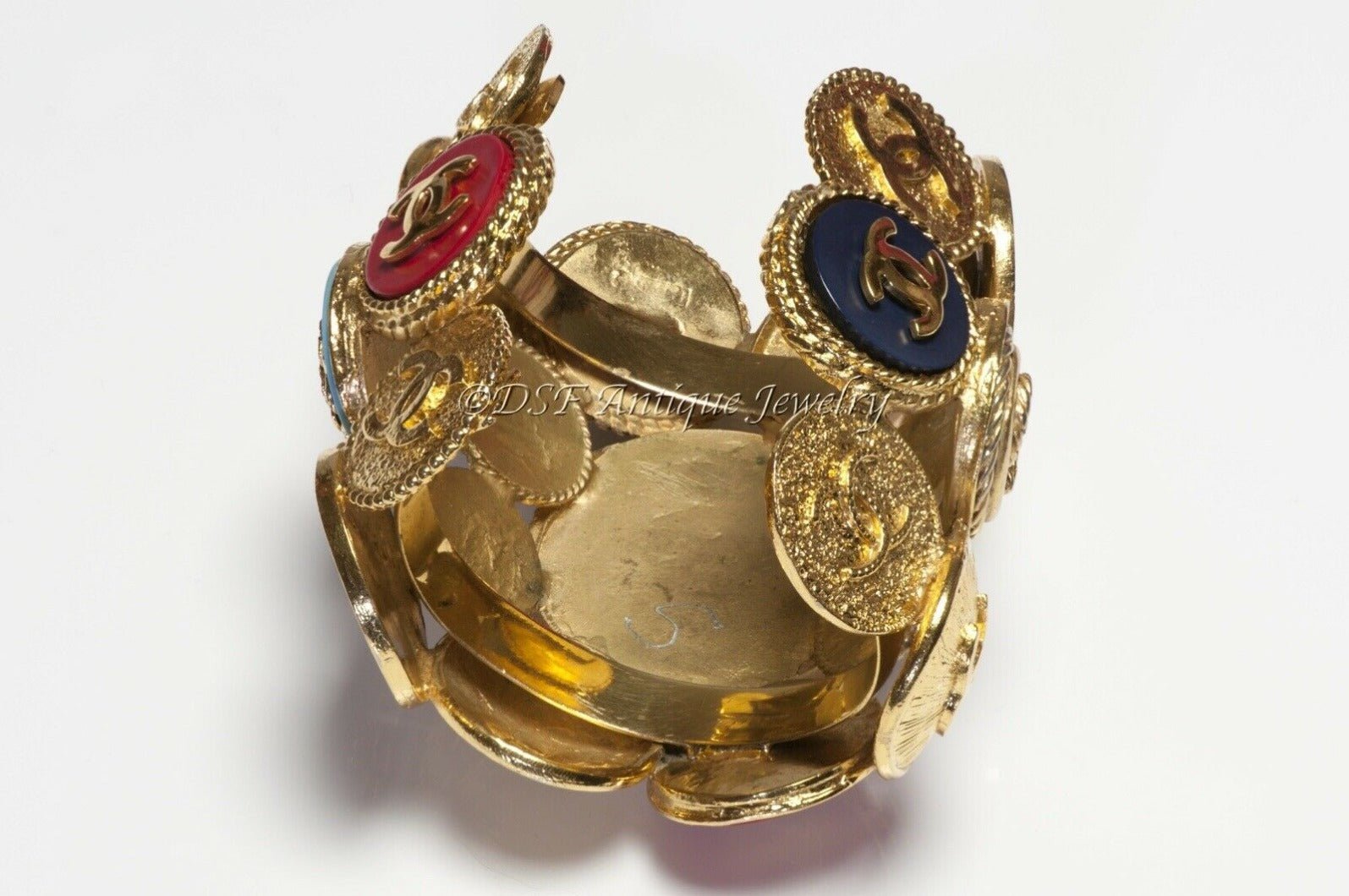 CHANEL 1990’s Extra Wide CC Coin Medallion Charm Cuff Bracelet