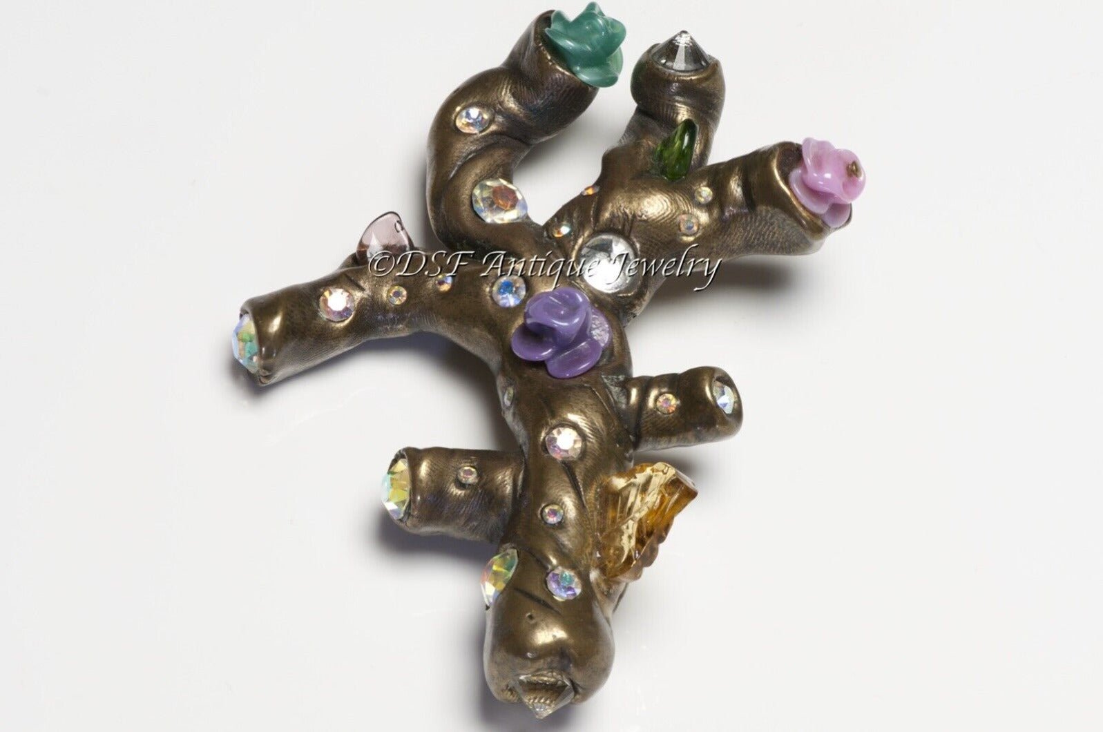 CHANEL 1990’s Goossens Crystal Glass Camellia Flower Faux Coral Branch Brooch