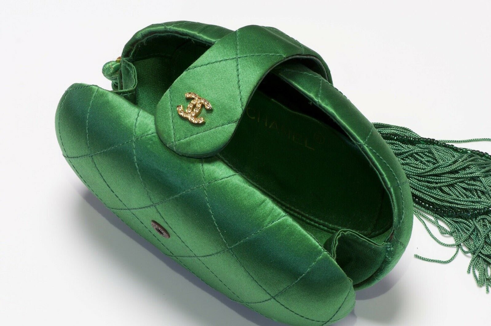 CHANEL 1990’s Green Quilted Satin Tassel Egg Clutch Bag